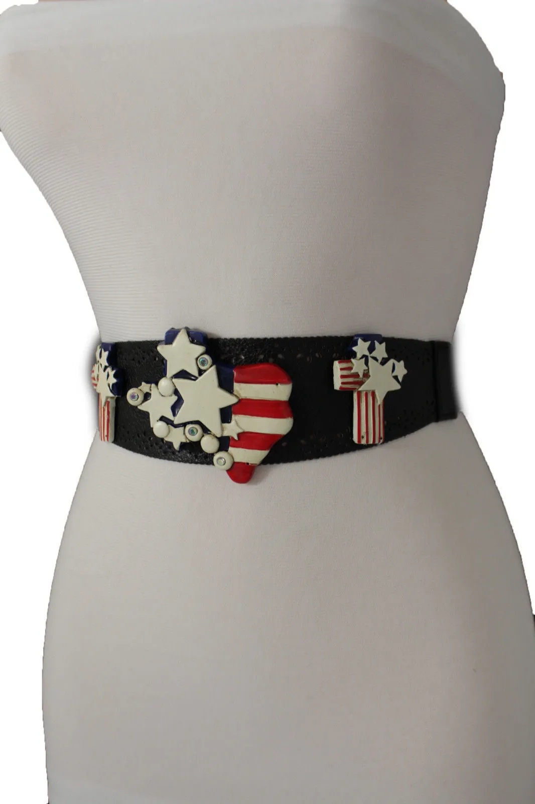 Black Leather Stretch Western Belt Cross State USA Flag S M
