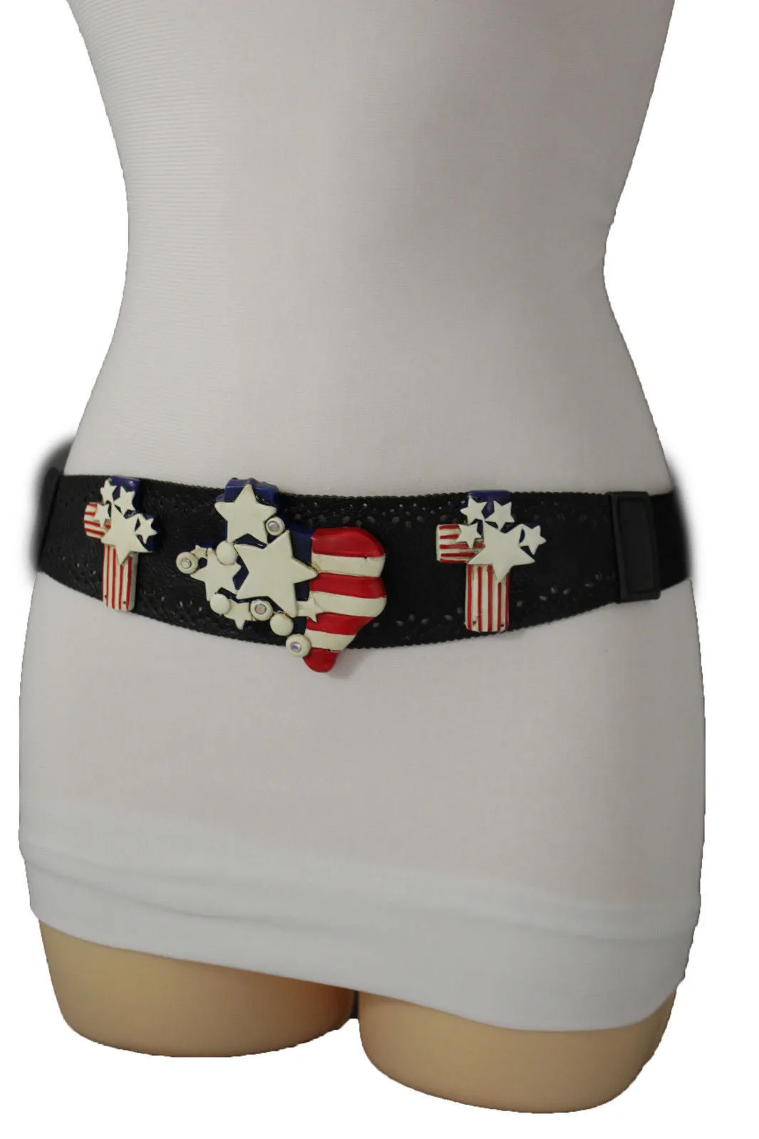 Black Leather Stretch Western Belt Cross State USA Flag S M