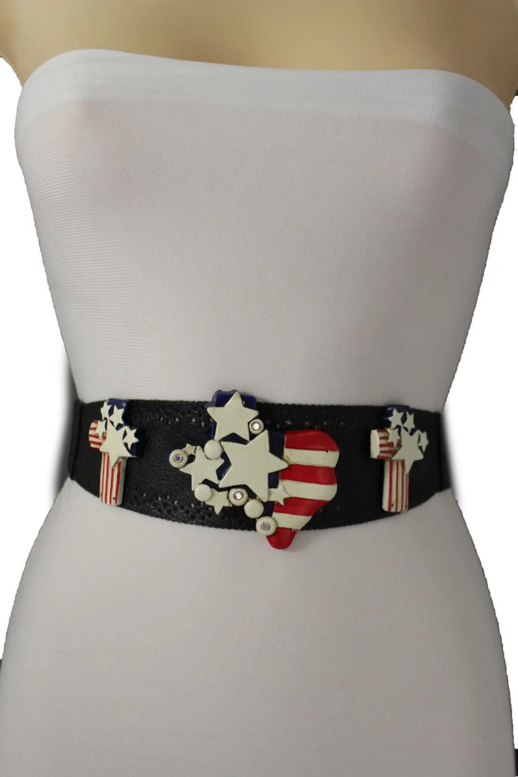 Black Leather Stretch Western Belt Cross State USA Flag S M