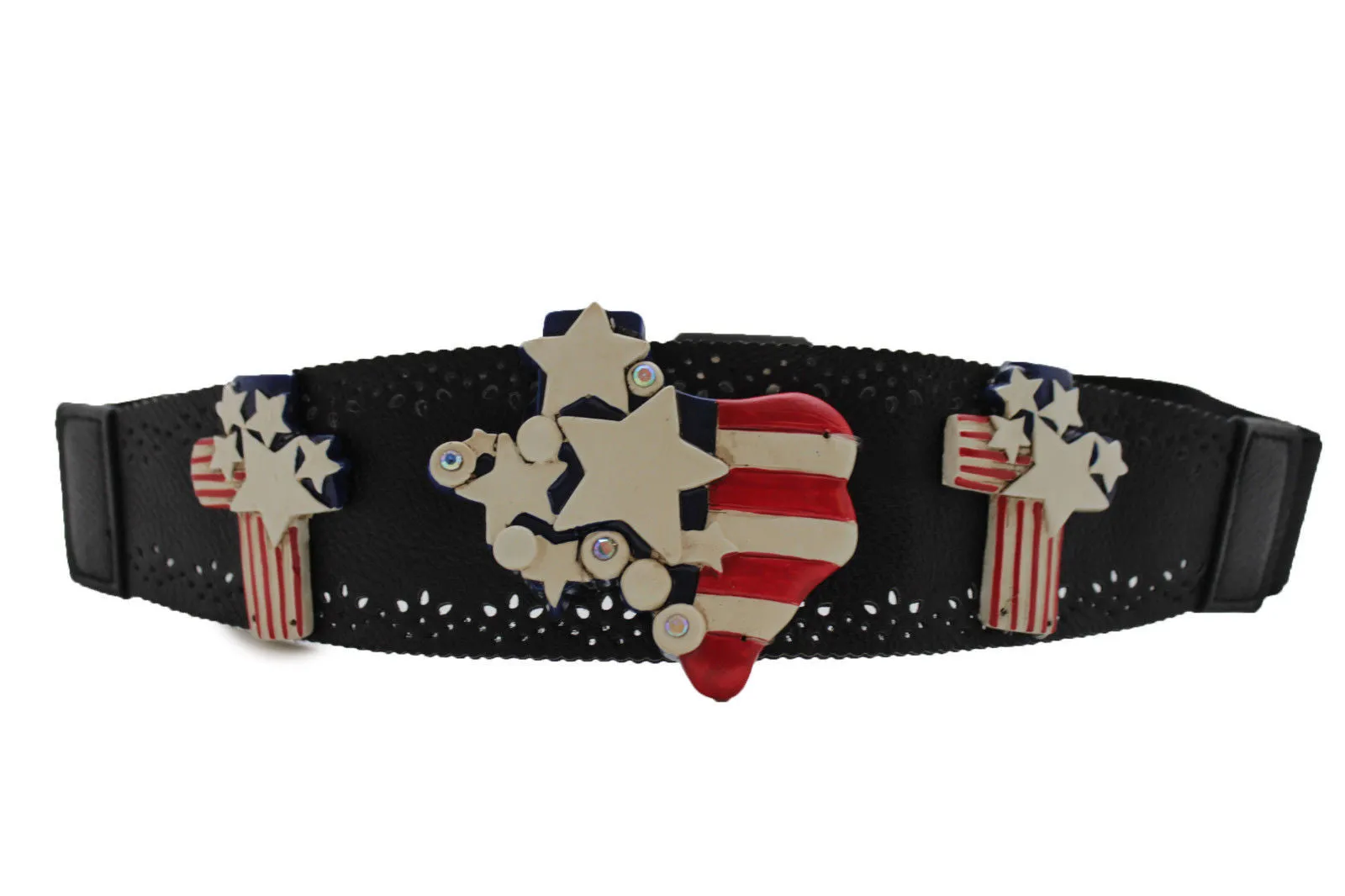 Black Leather Stretch Western Belt Cross State USA Flag S M