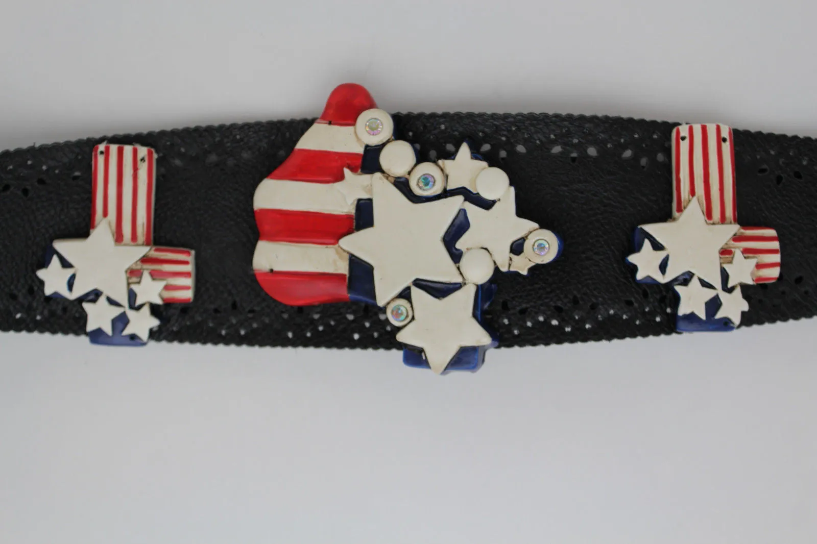 Black Leather Stretch Western Belt Cross State USA Flag S M