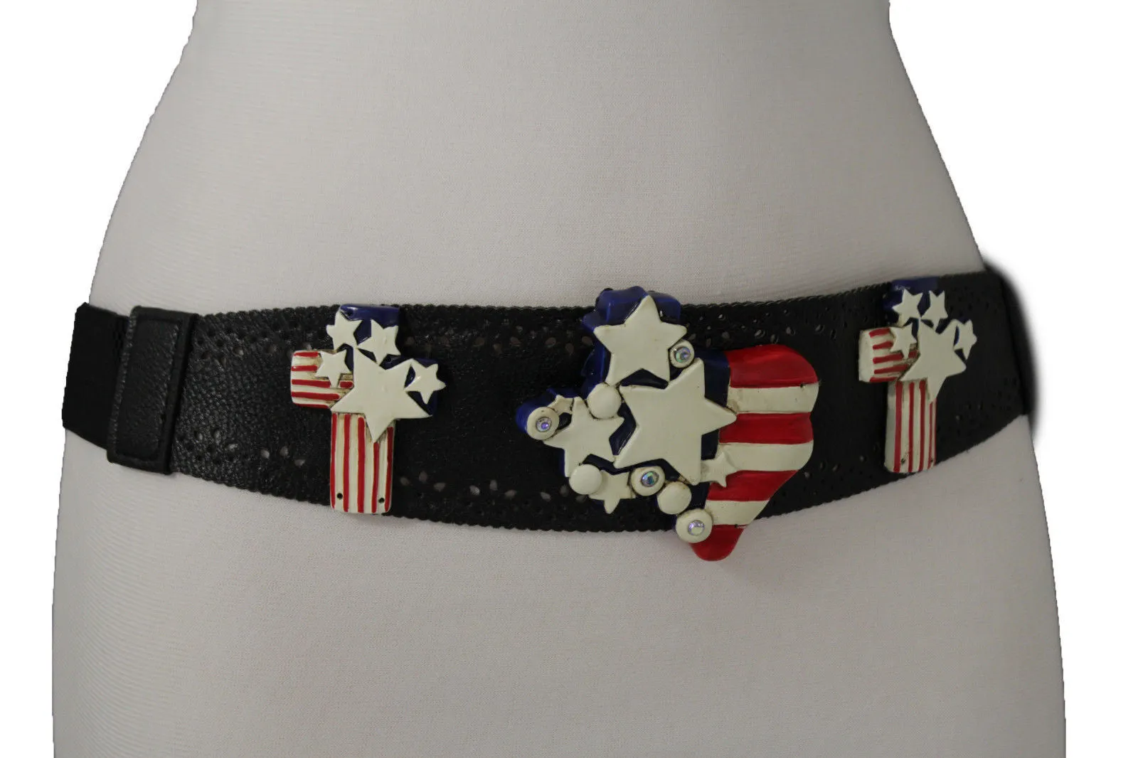 Black Leather Stretch Western Belt Cross State USA Flag S M