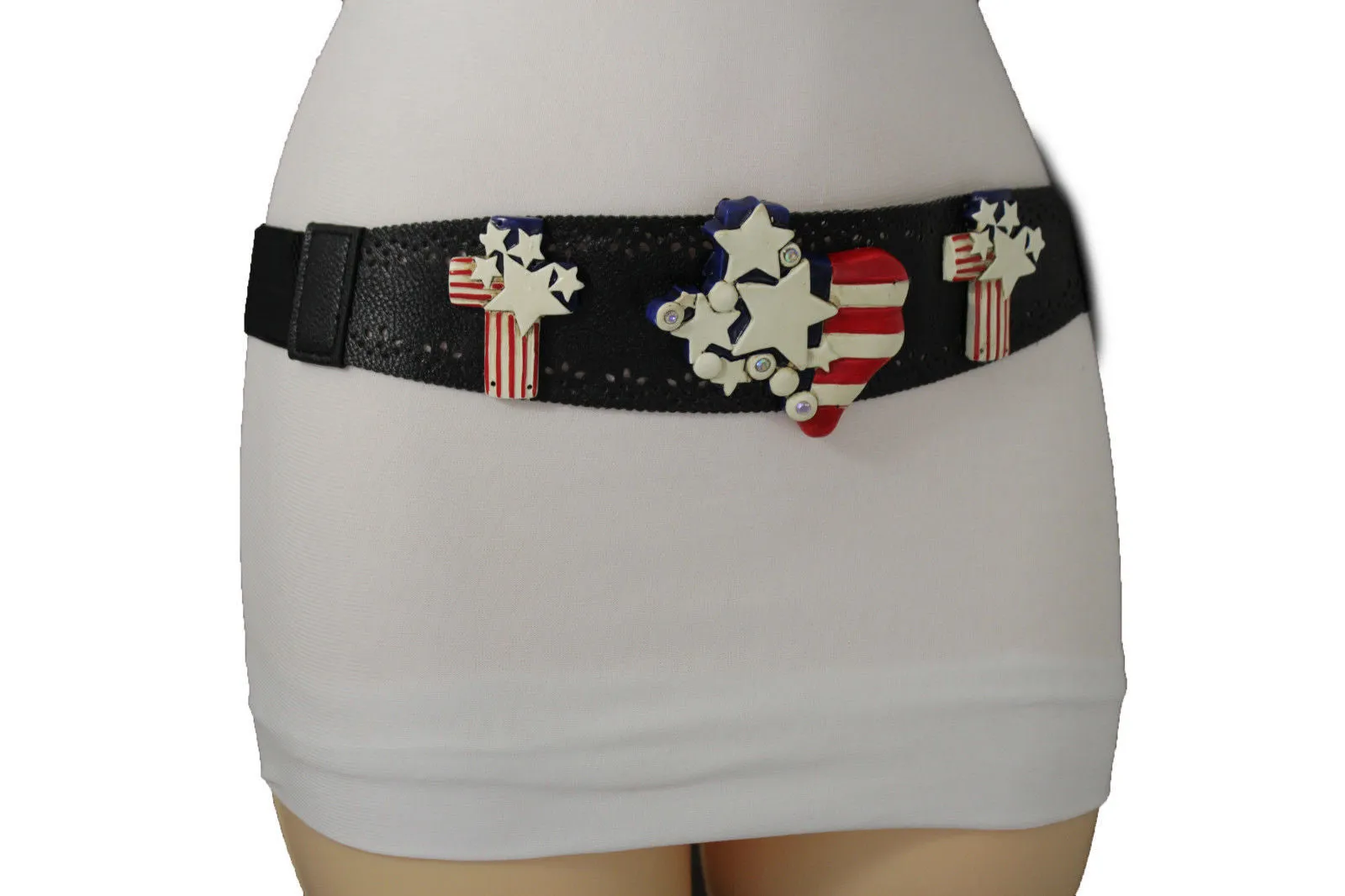 Black Leather Stretch Western Belt Cross State USA Flag S M