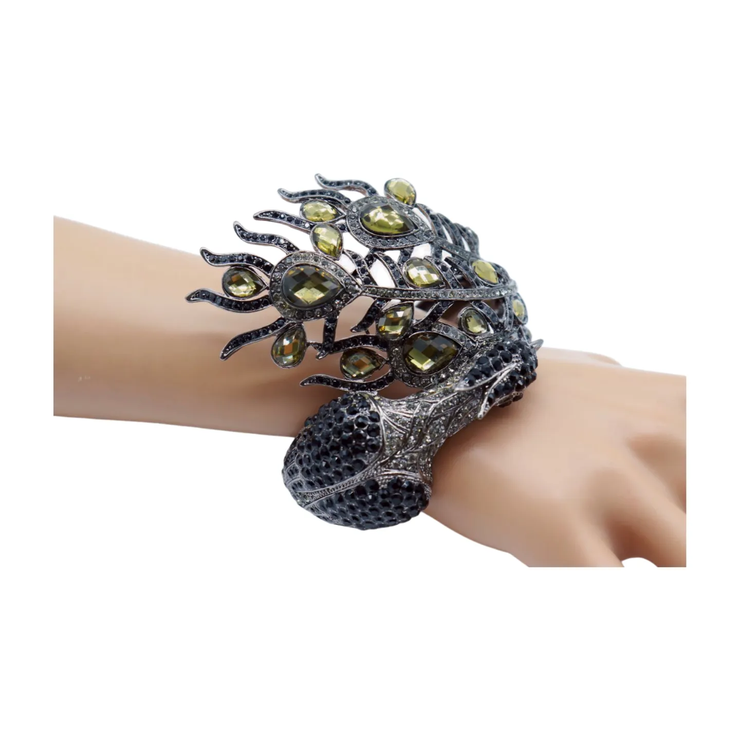 Black Metal Cuff Bracelet Fashion Peacock Feather Bold Statement