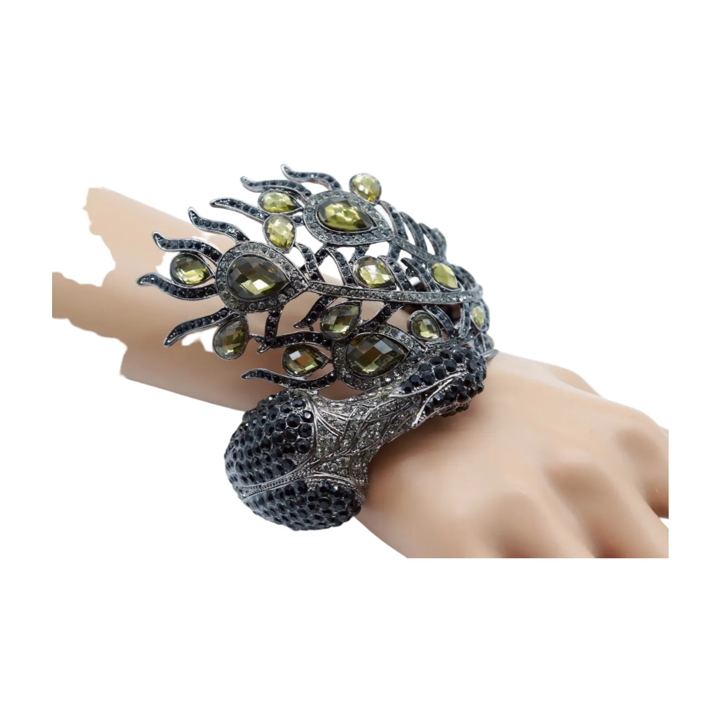 Black Metal Cuff Bracelet Fashion Peacock Feather Bold Statement