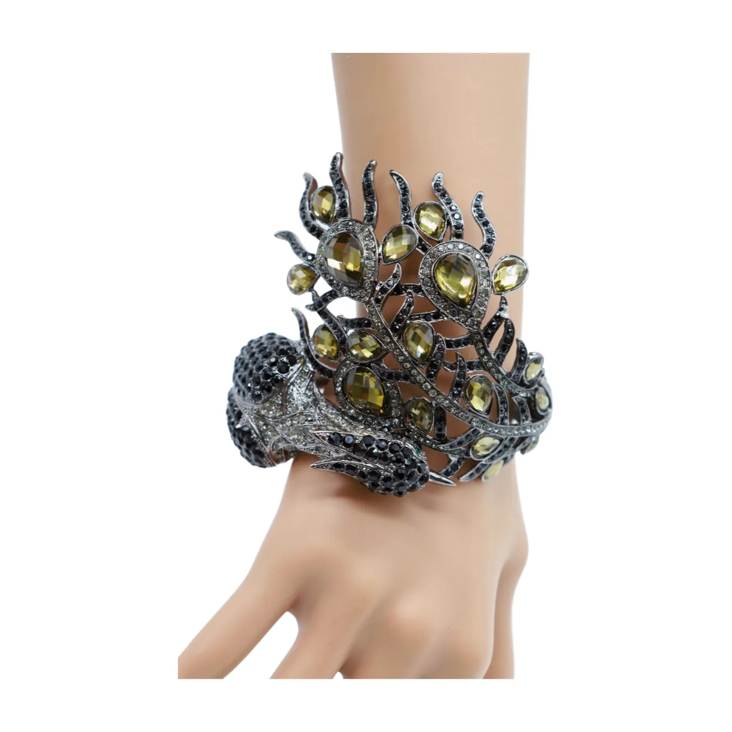 Black Metal Cuff Bracelet Fashion Peacock Feather Bold Statement