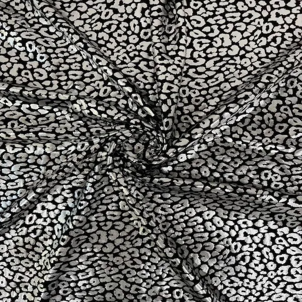 Black | Silver Sahara Leopard Foil Print Nylon Spandex Fabric