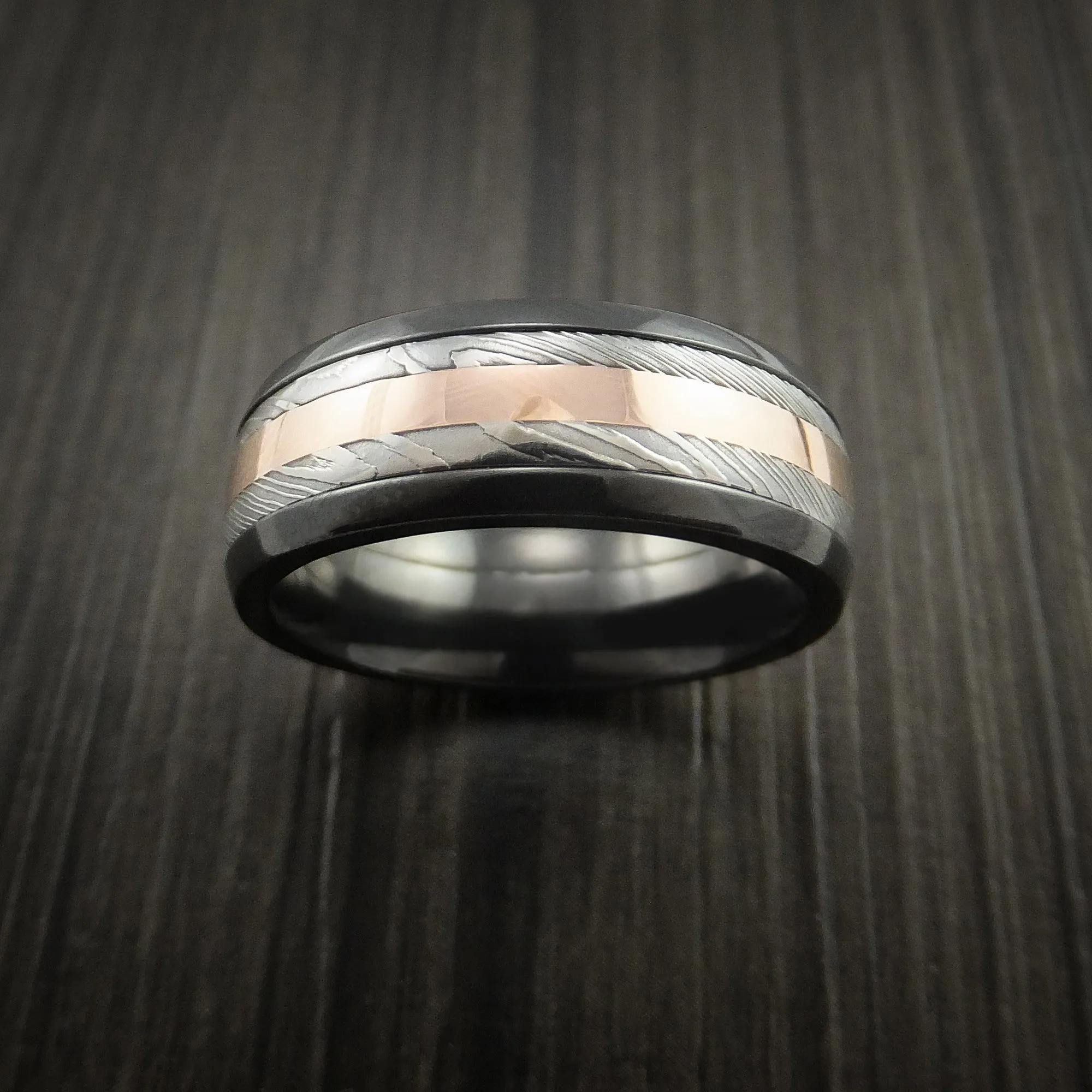 Black Titanium and Damascus Steel Band 14K Rose Gold Center Custom Made Men's Ring