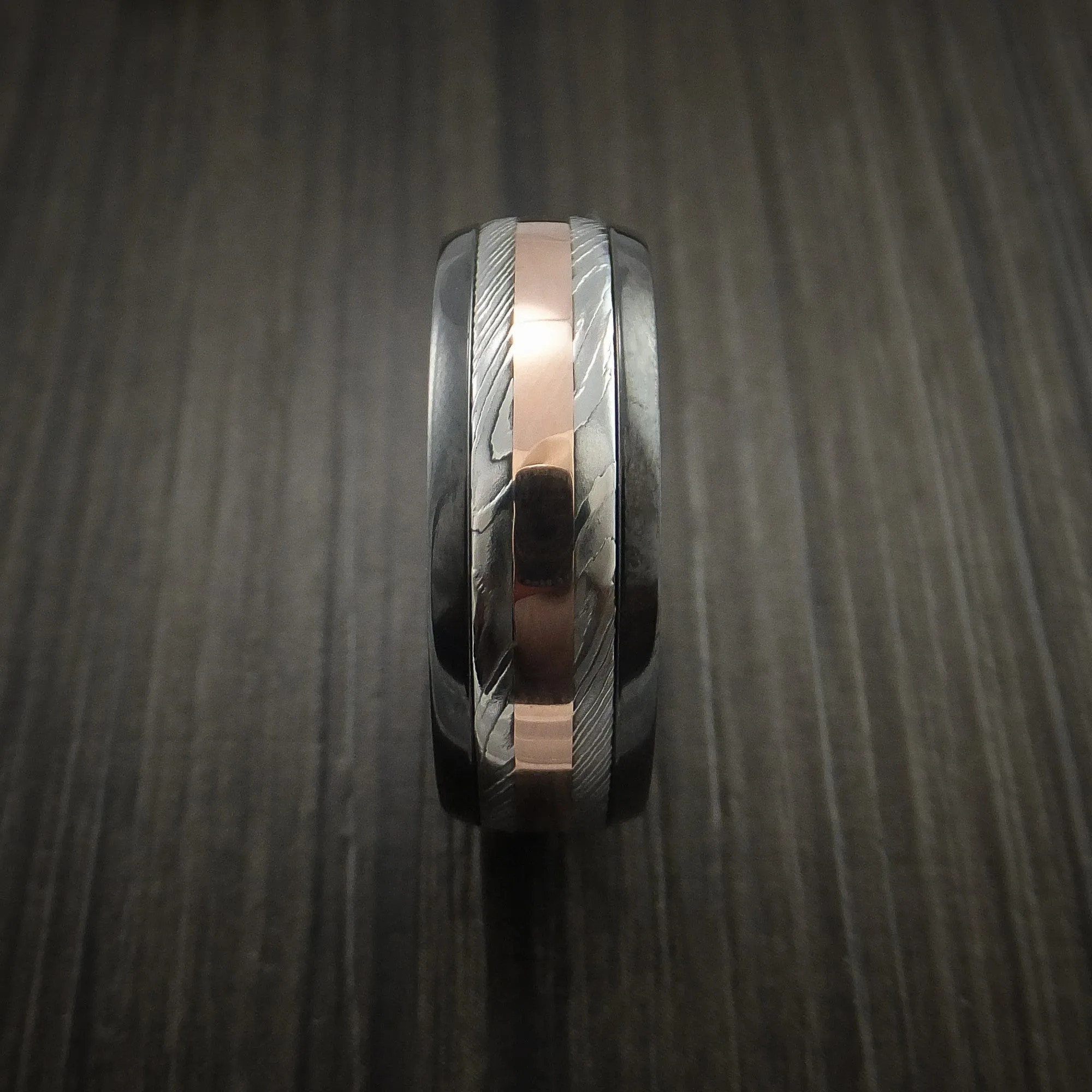 Black Titanium and Damascus Steel Band 14K Rose Gold Center Custom Made Men's Ring