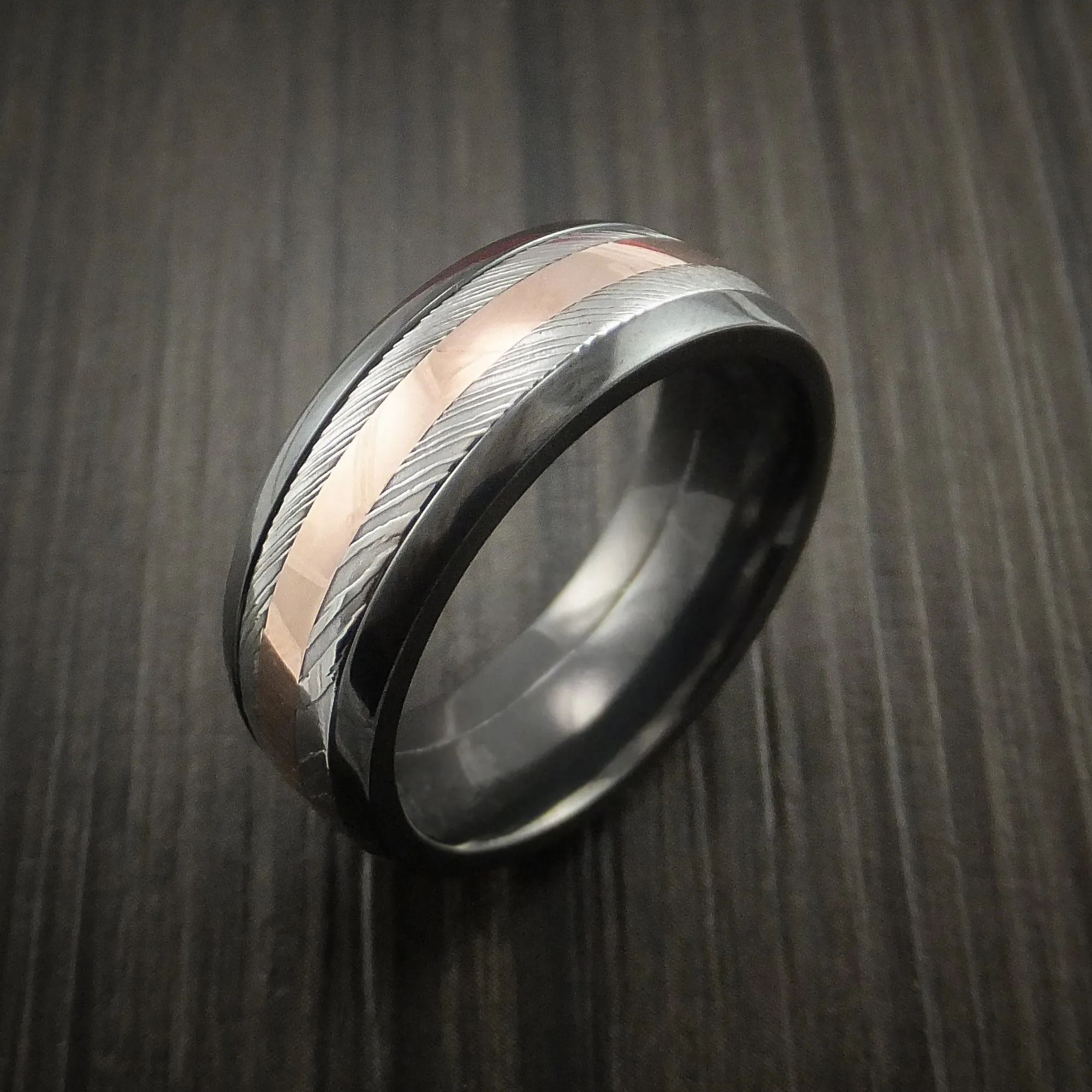 Black Titanium and Damascus Steel Band 14K Rose Gold Center Custom Made Men's Ring