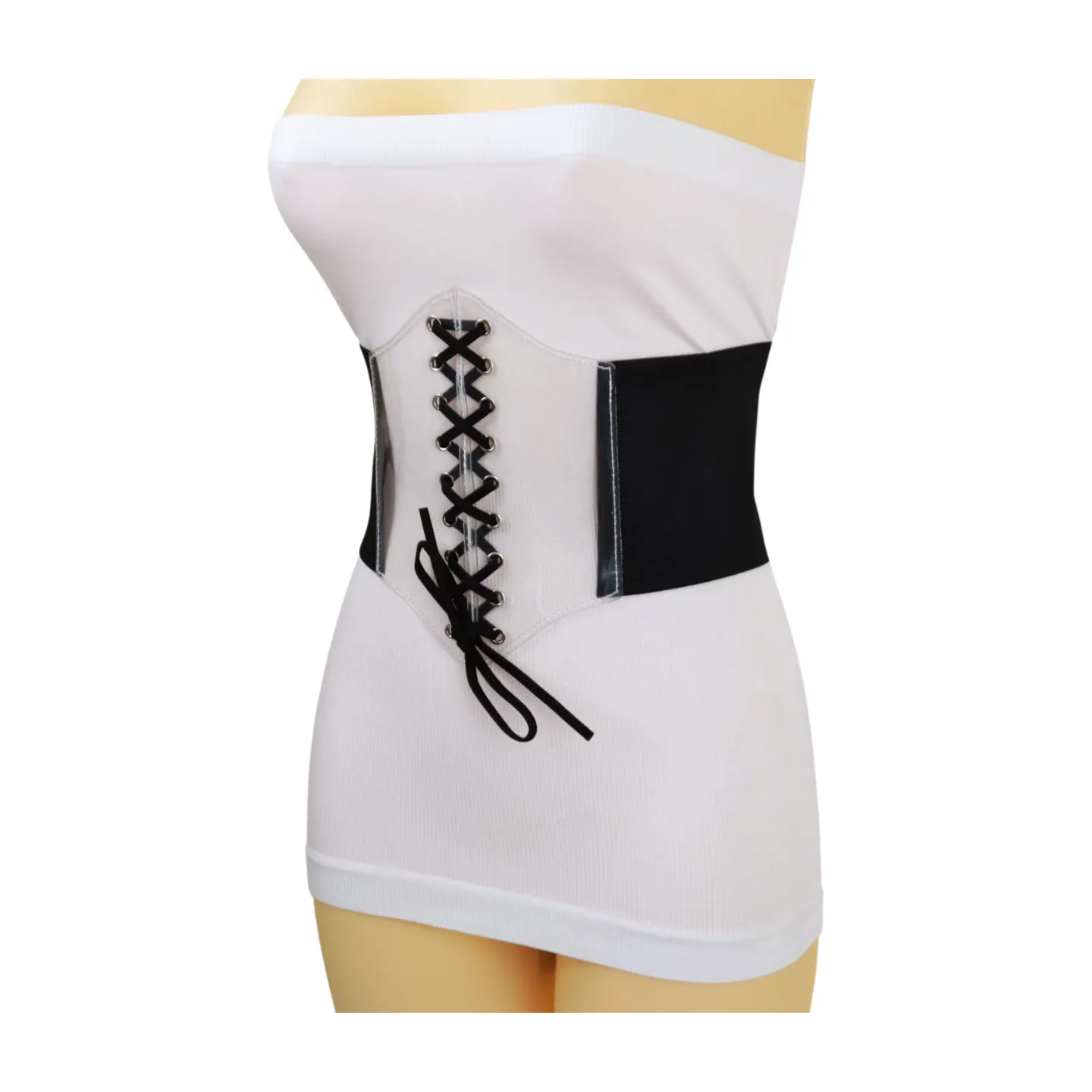 Black Wide High Waist Corset Fashionable Belt Clear Front Detail Size S M