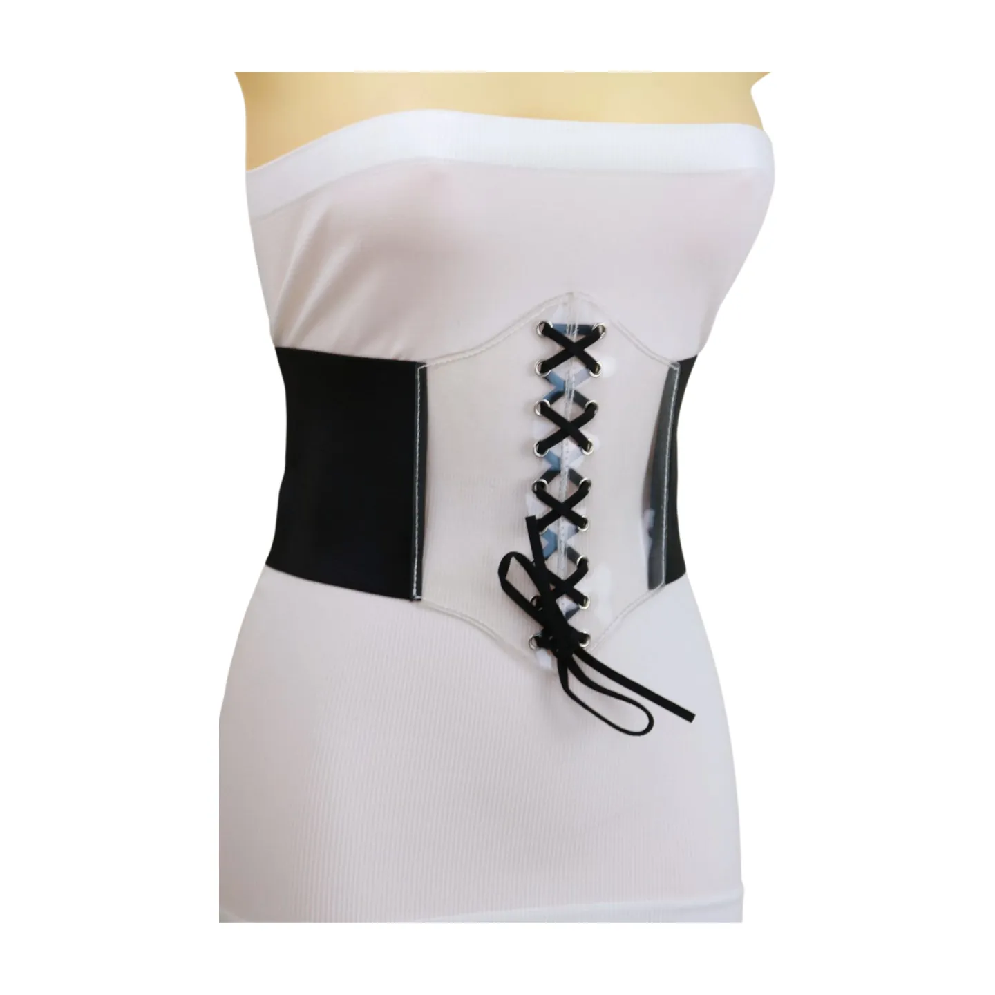 Black Wide High Waist Corset Fashionable Belt Clear Front Detail Size S M