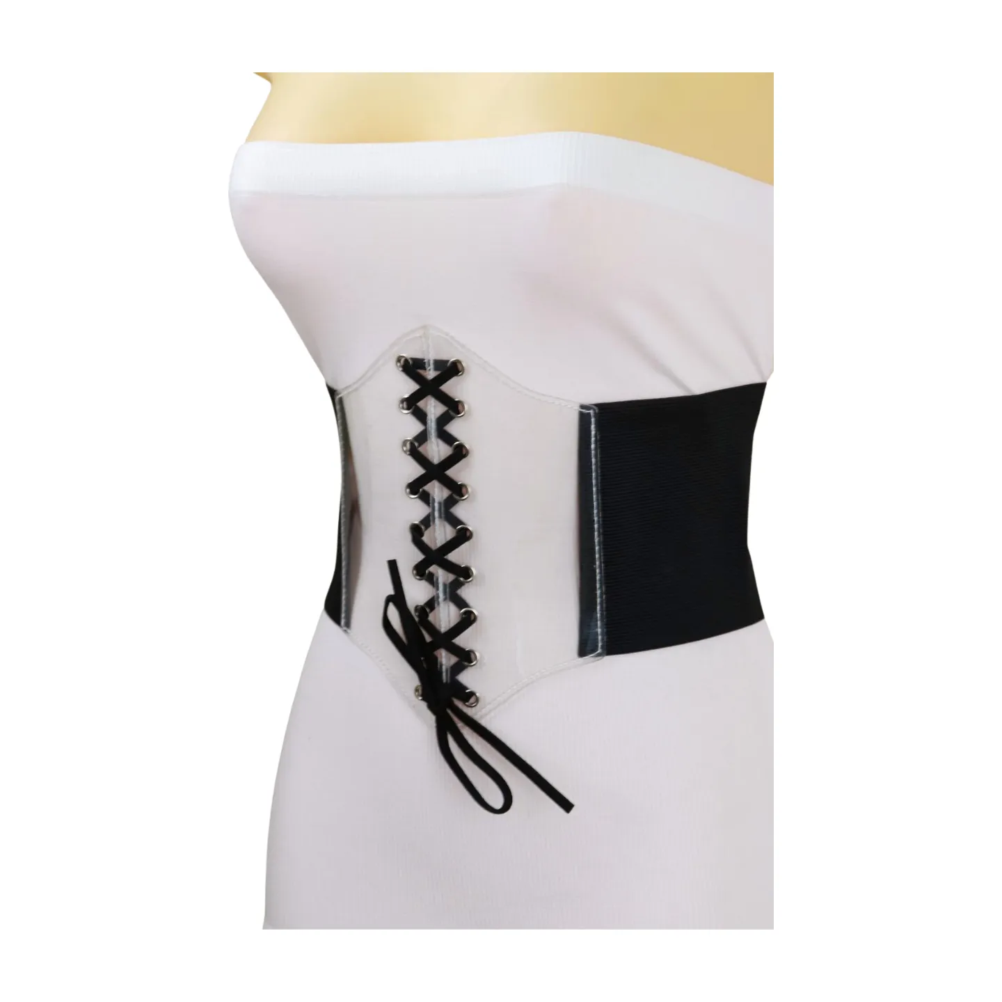 Black Wide High Waist Corset Fashionable Belt Clear Front Detail Size S M