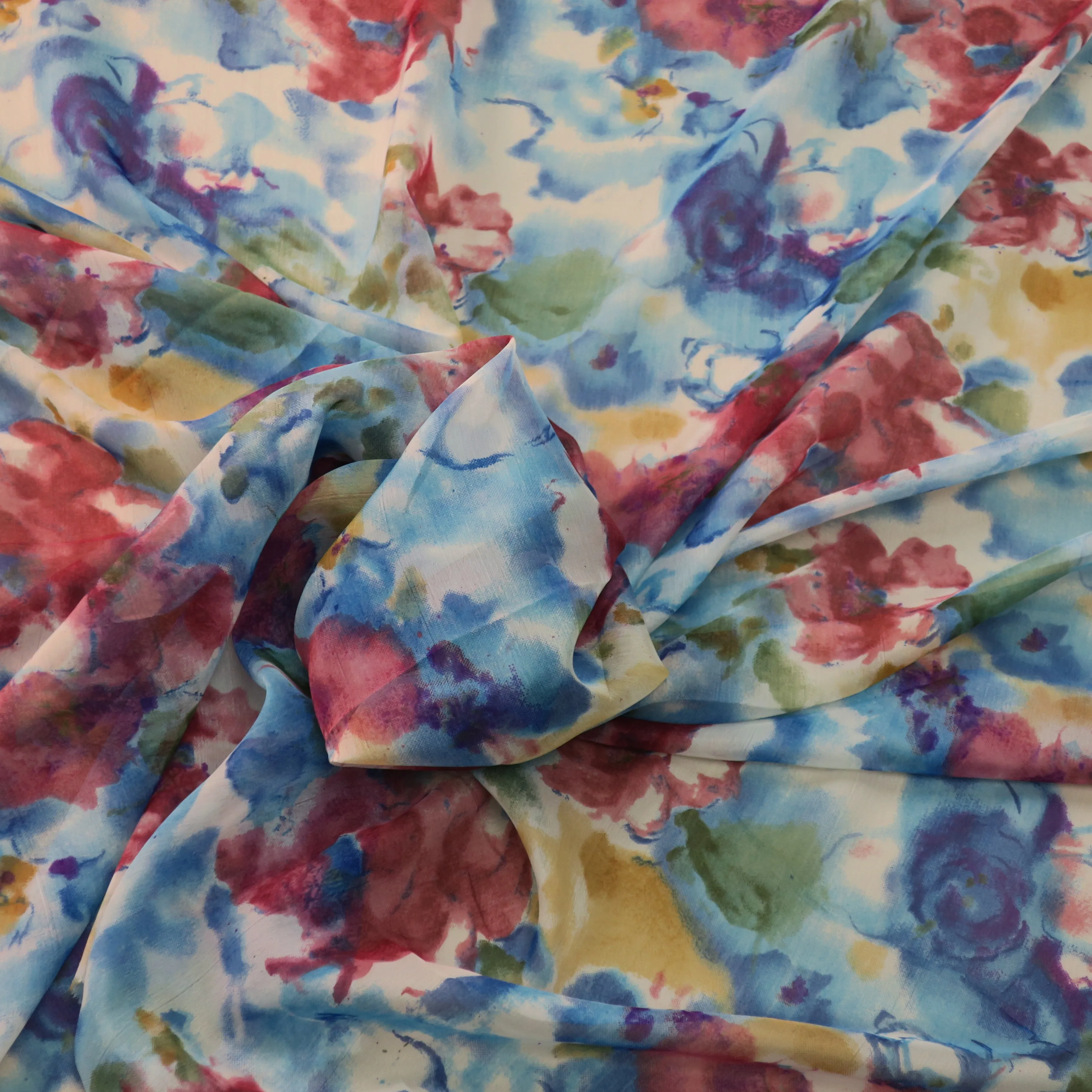 Blue Red and Yellow Floral Printed Silk Chiffon Fabric