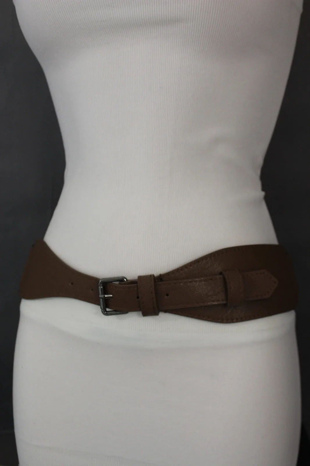 Brown Black Elastic Stretch Back Band Hip High Waist Belt Metal Buckle Size S M
