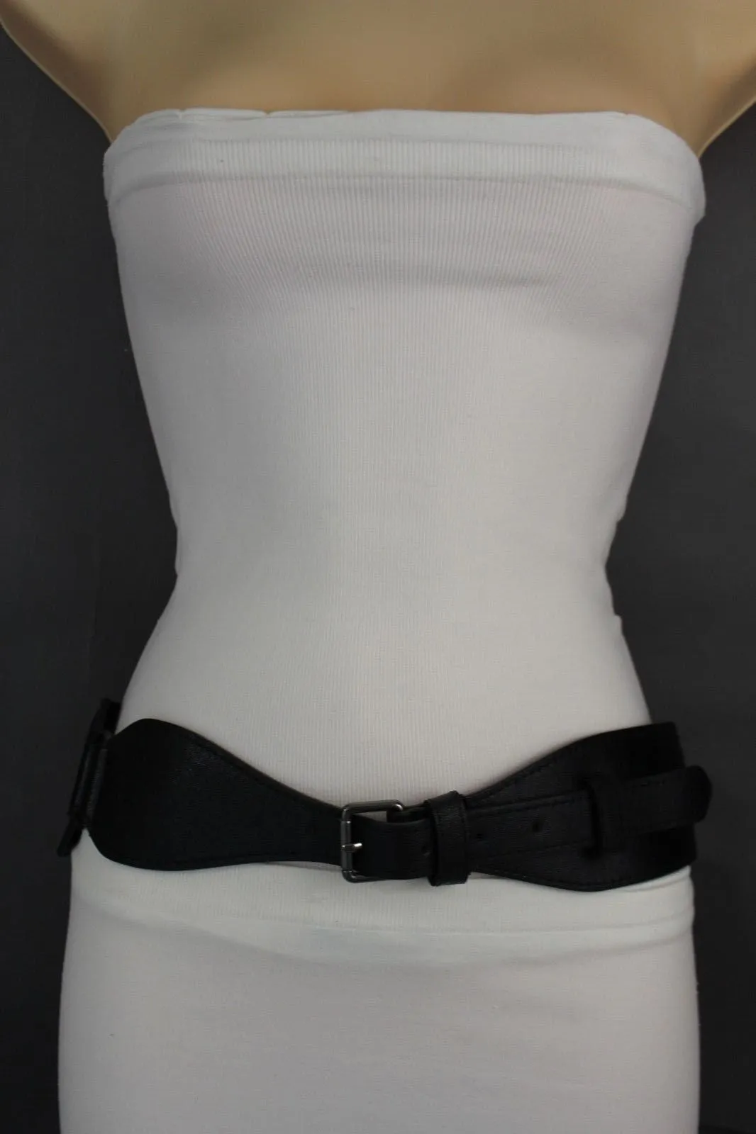 Brown Black Elastic Stretch Back Band Hip High Waist Belt Metal Buckle Size S M