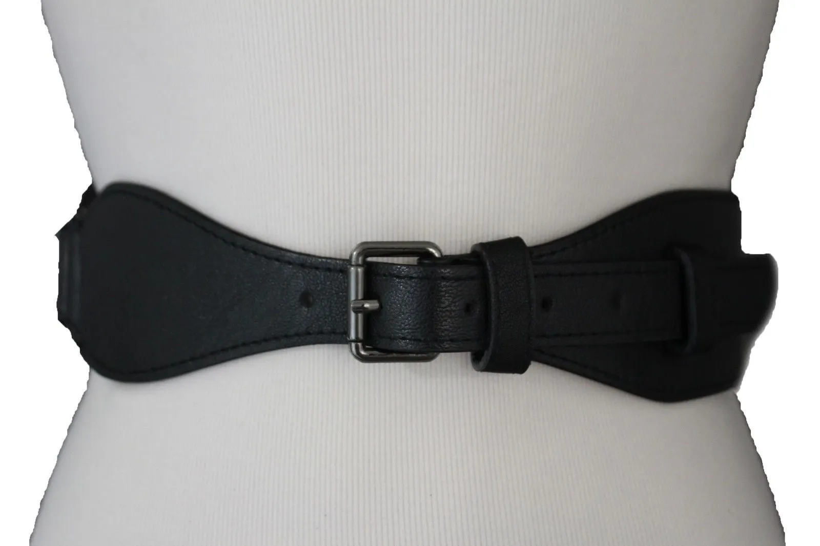 Brown Black Elastic Stretch Back Band Hip High Waist Belt Metal Buckle Size S M