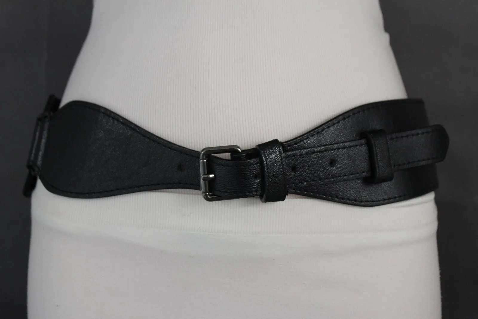 Brown Black Elastic Stretch Back Band Hip High Waist Belt Metal Buckle Size S M