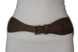 Brown Black Elastic Stretch Back Band Hip High Waist Belt Metal Buckle Size S M