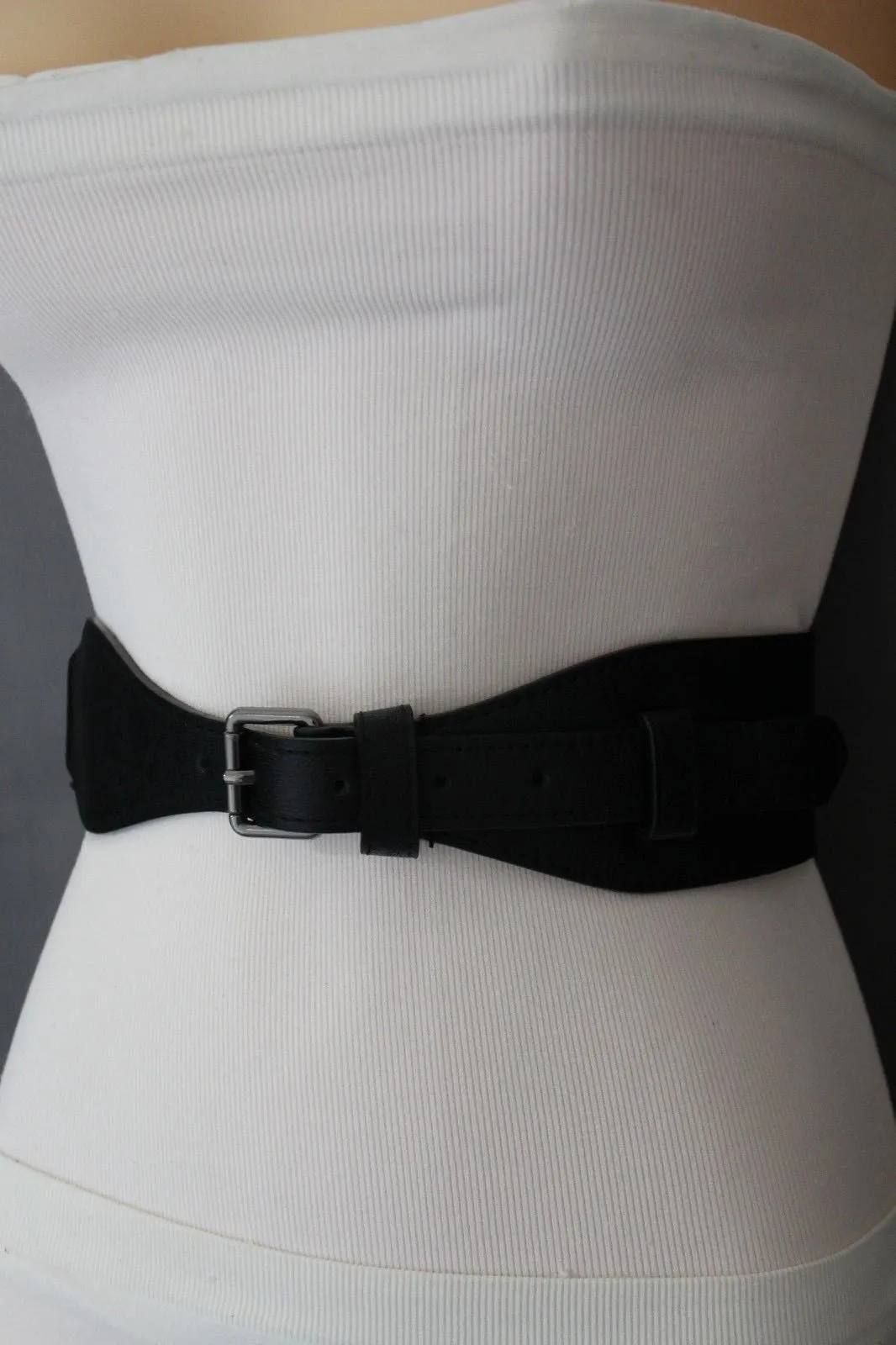 Brown Black Elastic Stretch Back Band Hip High Waist Belt Metal Buckle Size S M