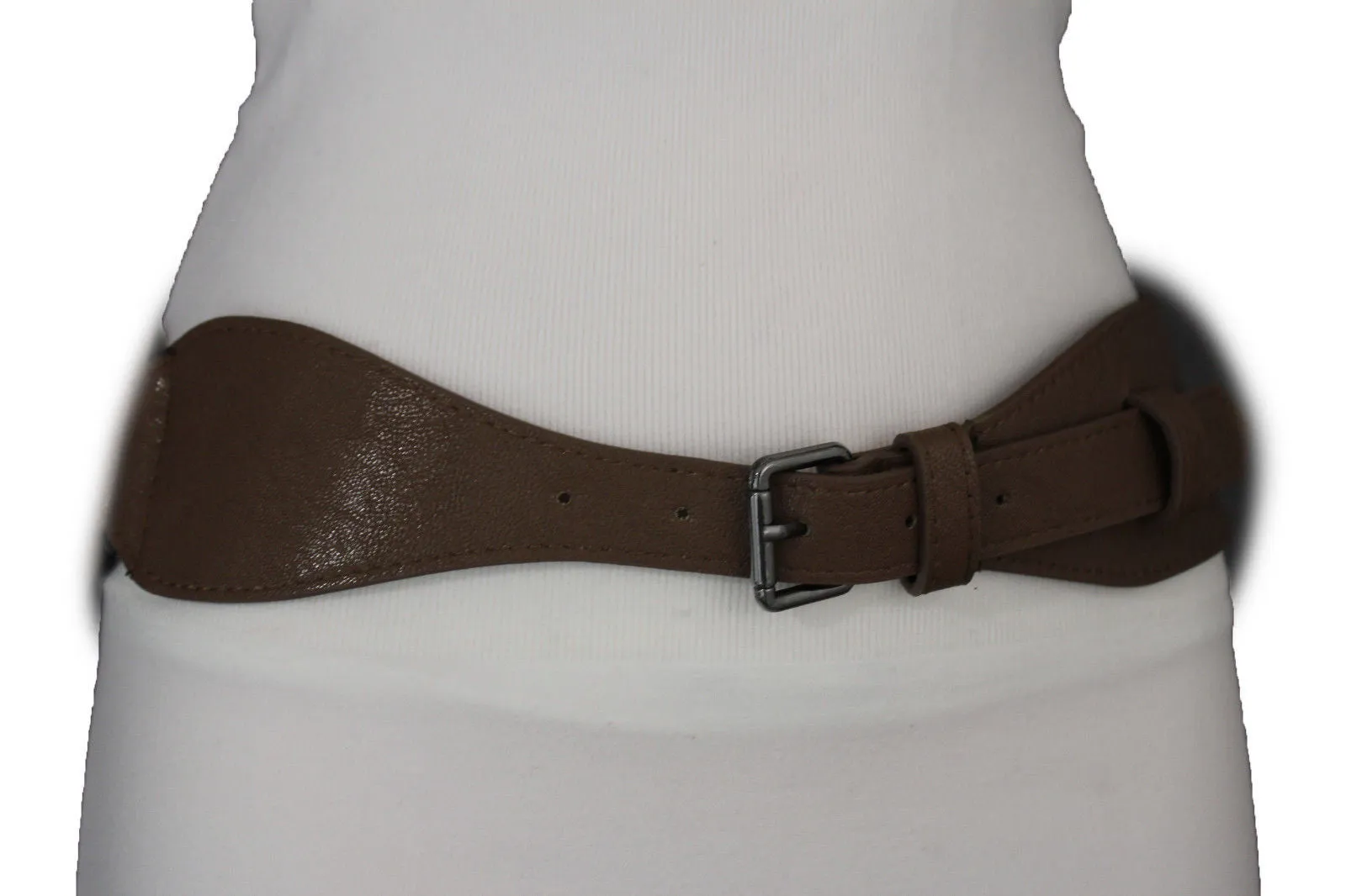 Brown Black Elastic Stretch Back Band Hip High Waist Belt Metal Buckle Size S M