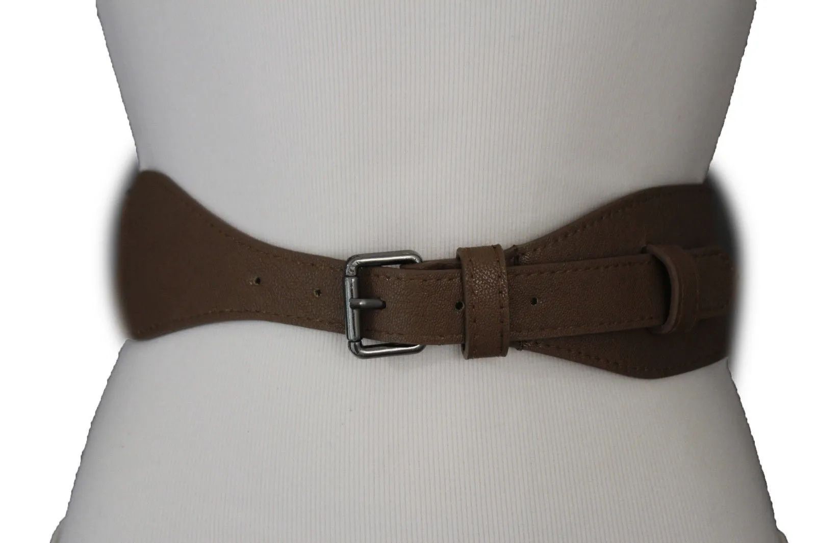 Brown Black Elastic Stretch Back Band Hip High Waist Belt Metal Buckle Size S M
