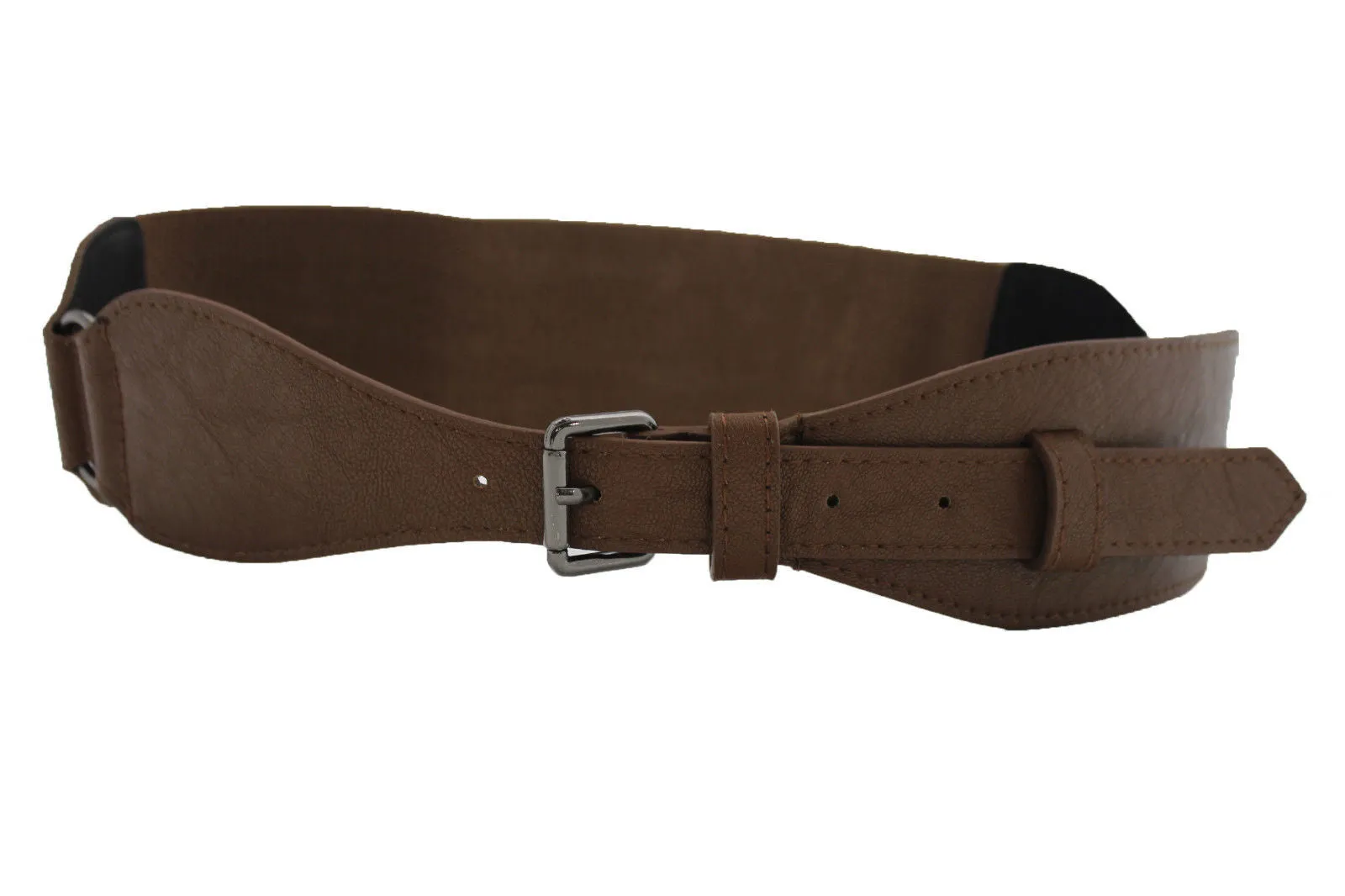 Brown Black Elastic Stretch Back Band Hip High Waist Belt Metal Buckle Size S M