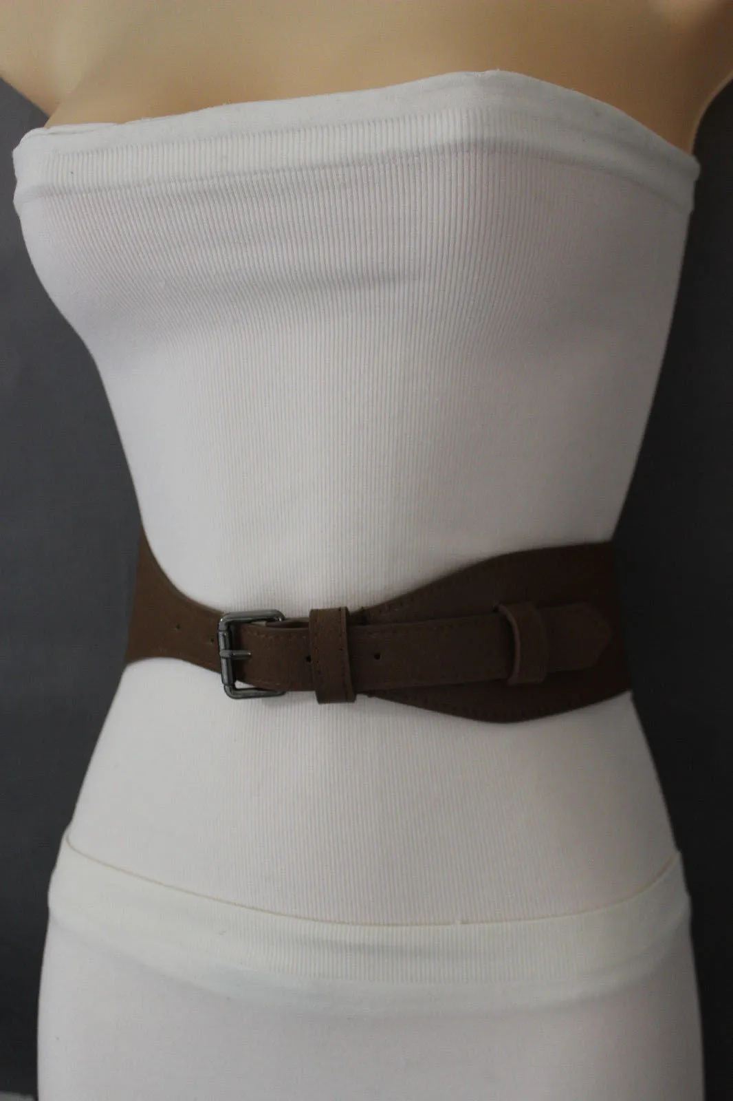 Brown Black Elastic Stretch Back Band Hip High Waist Belt Metal Buckle Size S M
