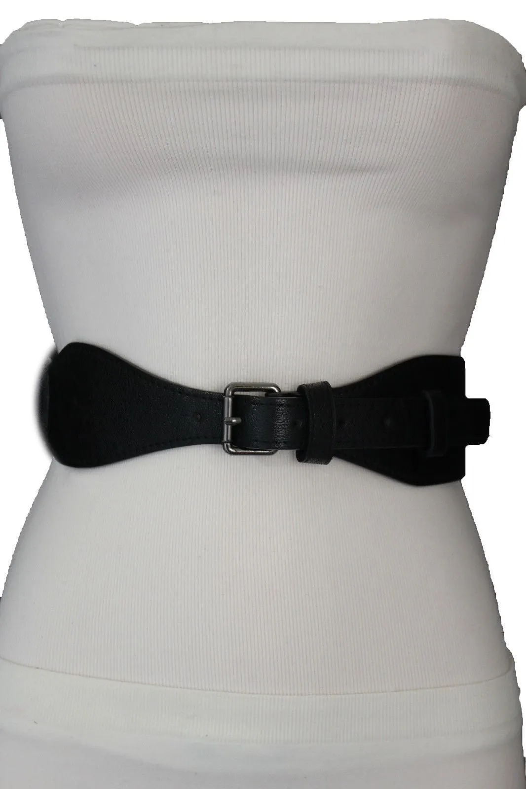 Brown Black Elastic Stretch Back Band Hip High Waist Belt Metal Buckle Size S M