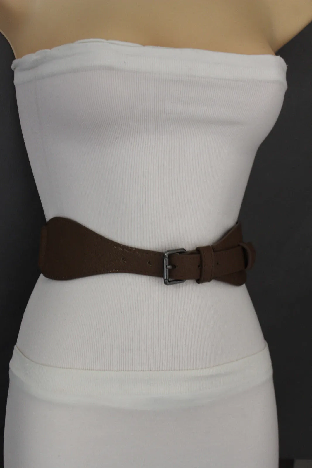 Brown Black Elastic Stretch Back Band Hip High Waist Belt Metal Buckle Size S M