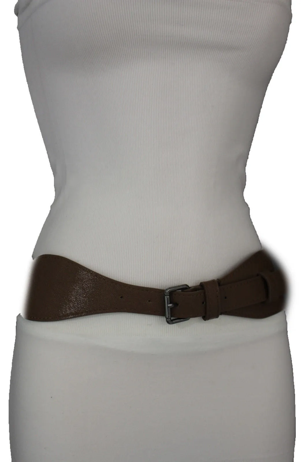 Brown Black Elastic Stretch Back Band Hip High Waist Belt Metal Buckle Size S M