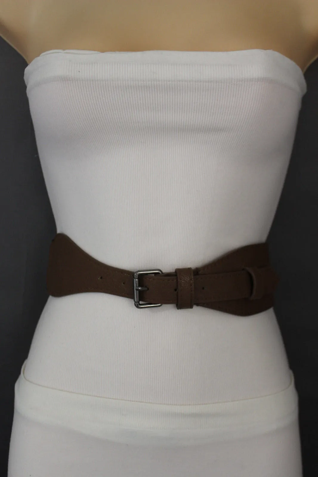 Brown Black Elastic Stretch Back Band Hip High Waist Belt Metal Buckle Size S M