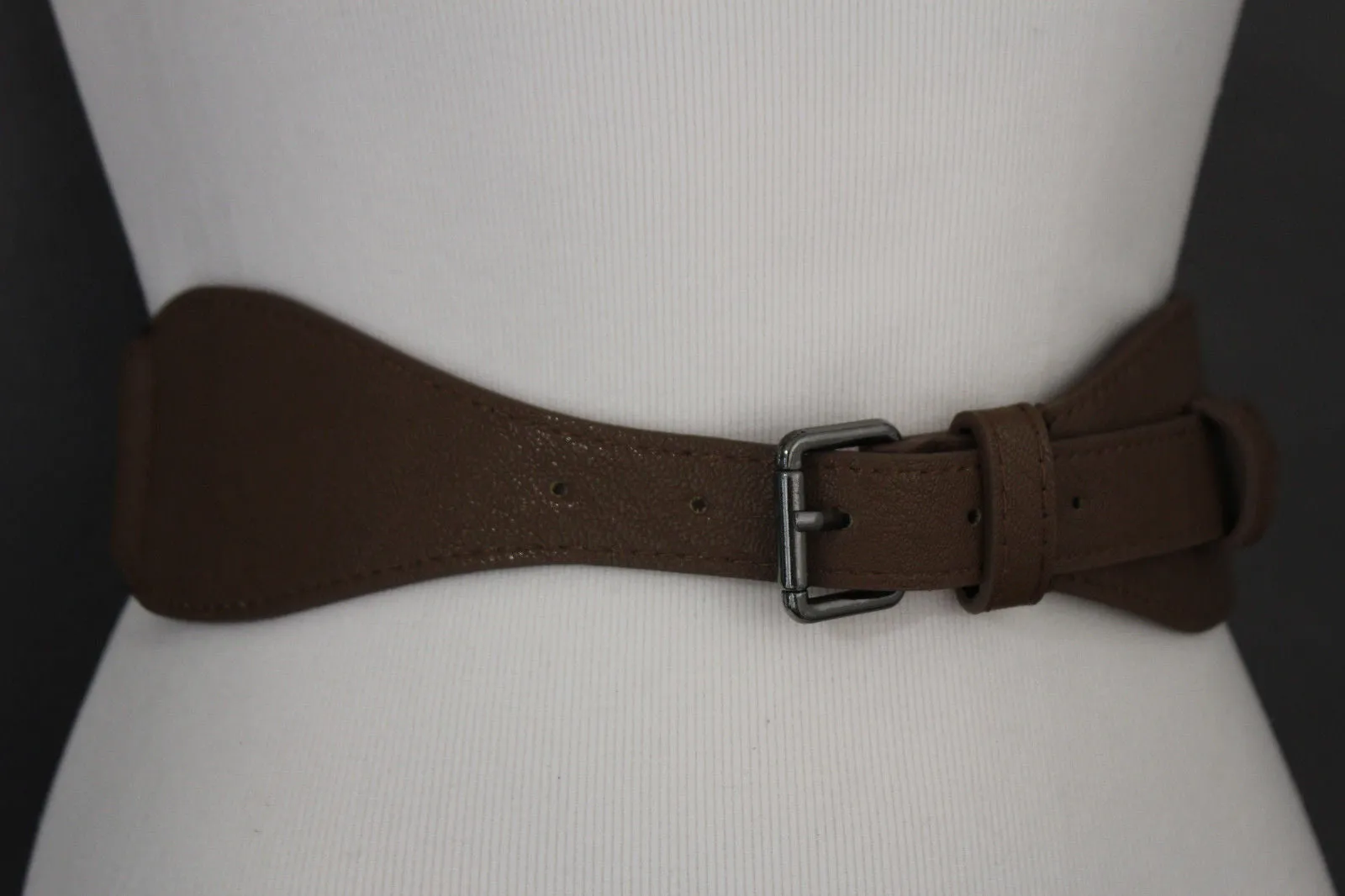 Brown Black Elastic Stretch Back Band Hip High Waist Belt Metal Buckle Size S M