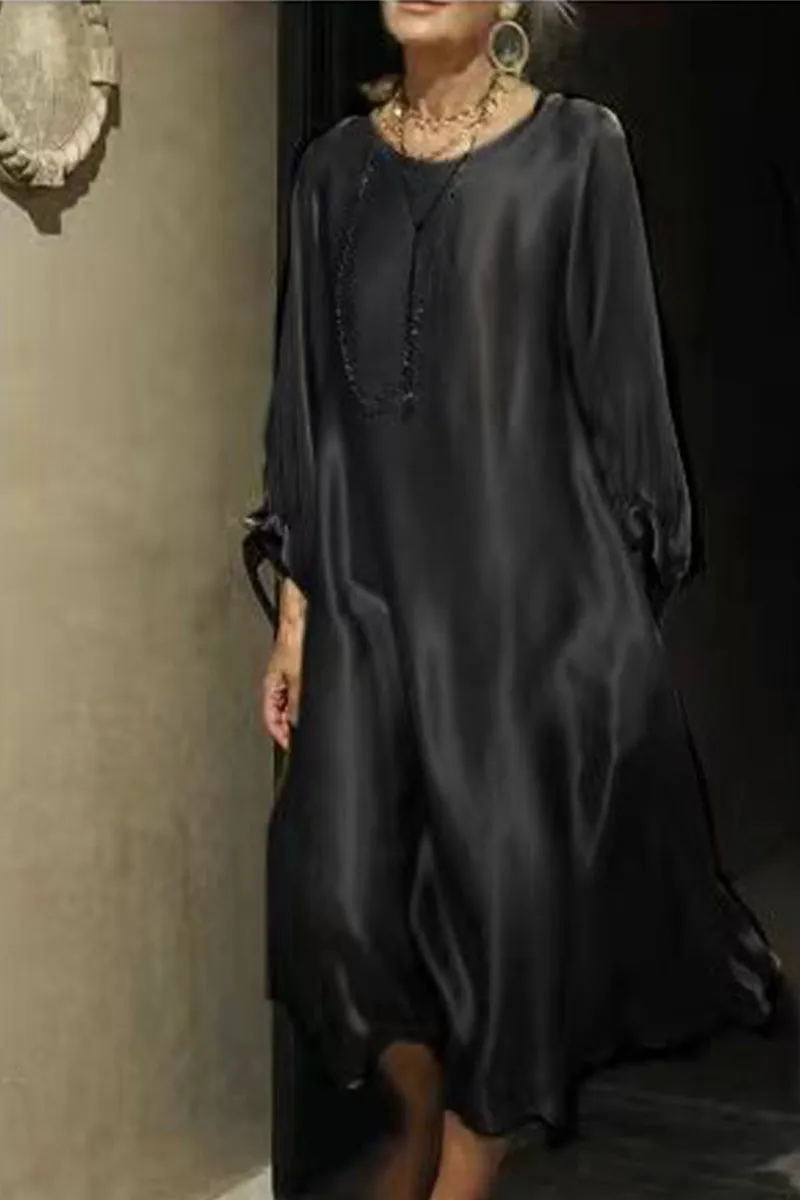 Celebrities Elegant Solid Bright Silk O Neck Long Sleeve Dresses(3 Colors)