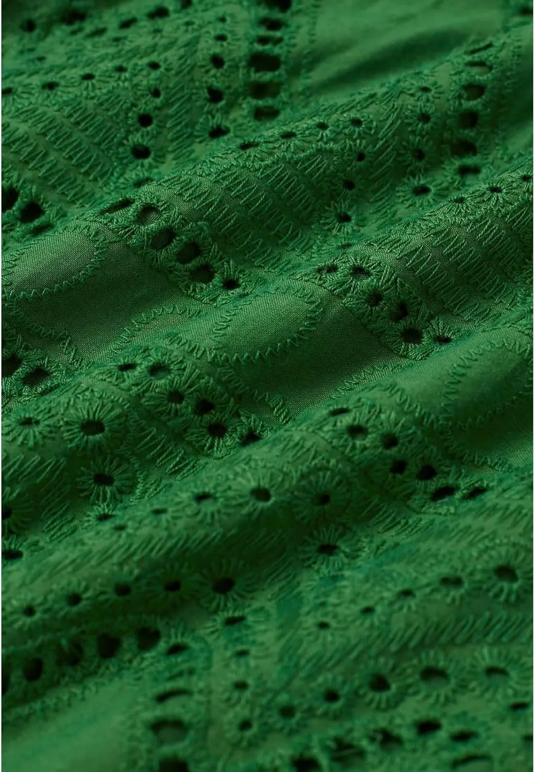 CHICWISH Women Embroidered Eyelet Frilling Midi Dress Cotton V Neck Button Short Sleeve Flowy Summer Green Dress with Belt