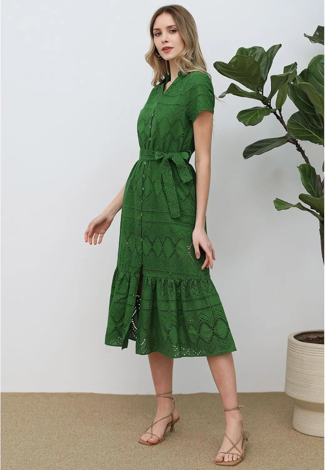 CHICWISH Women Embroidered Eyelet Frilling Midi Dress Cotton V Neck Button Short Sleeve Flowy Summer Green Dress with Belt
