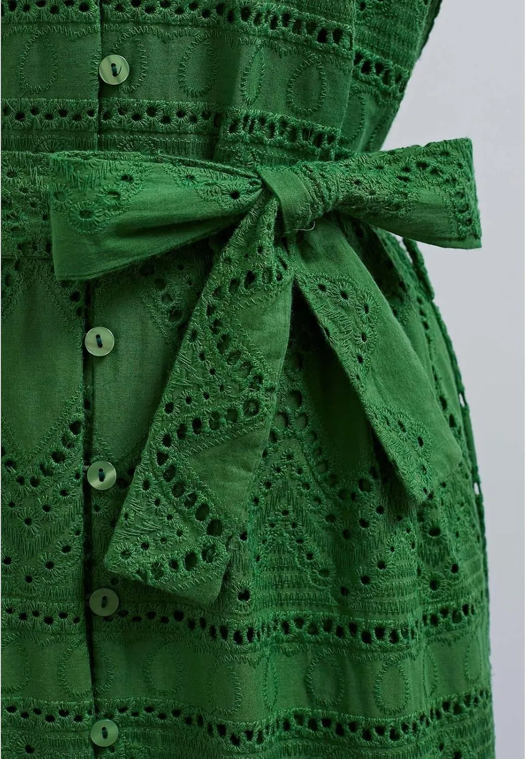 CHICWISH Women Embroidered Eyelet Frilling Midi Dress Cotton V Neck Button Short Sleeve Flowy Summer Green Dress with Belt