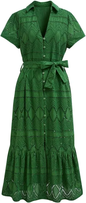 CHICWISH Women Embroidered Eyelet Frilling Midi Dress Cotton V Neck Button Short Sleeve Flowy Summer Green Dress with Belt