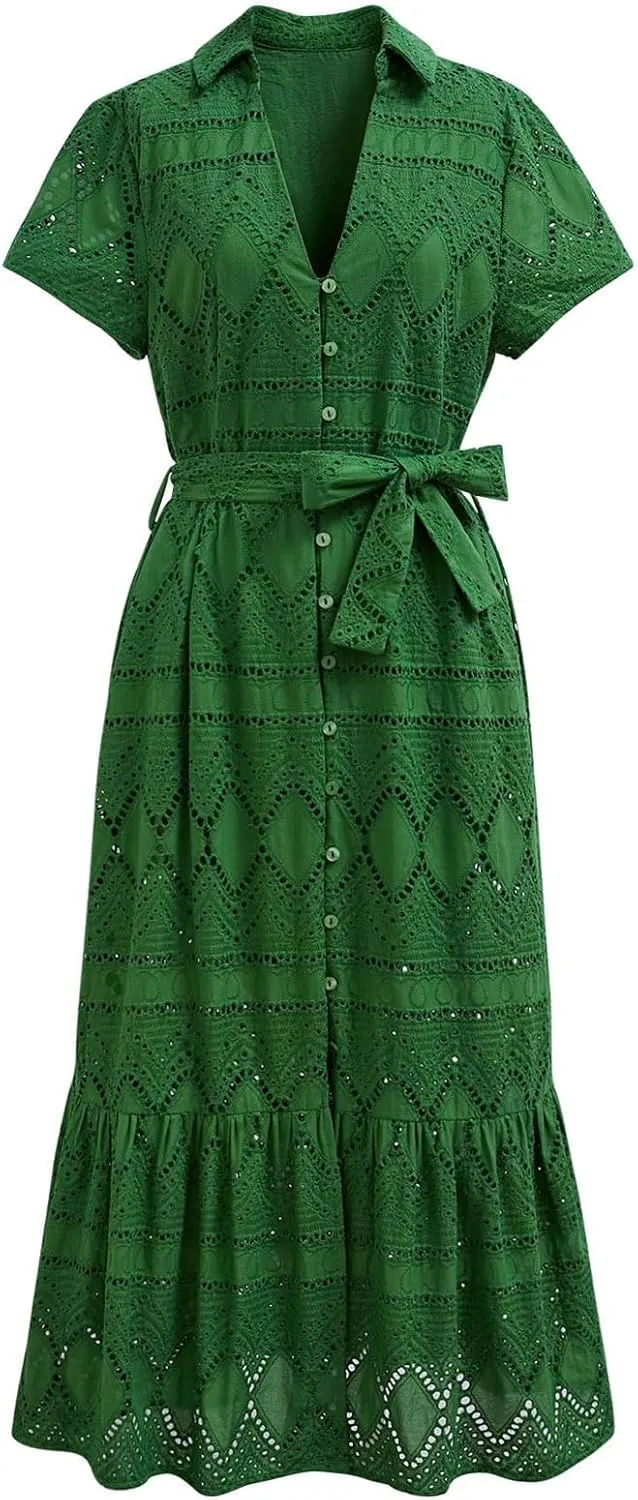 CHICWISH Women Embroidered Eyelet Frilling Midi Dress Cotton V Neck Button Short Sleeve Flowy Summer Green Dress with Belt