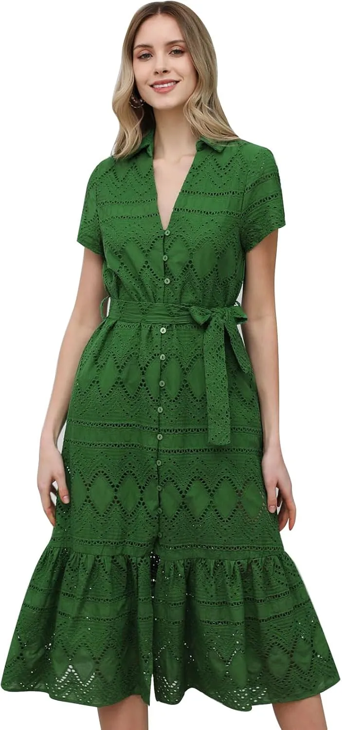 CHICWISH Women Embroidered Eyelet Frilling Midi Dress Cotton V Neck Button Short Sleeve Flowy Summer Green Dress with Belt