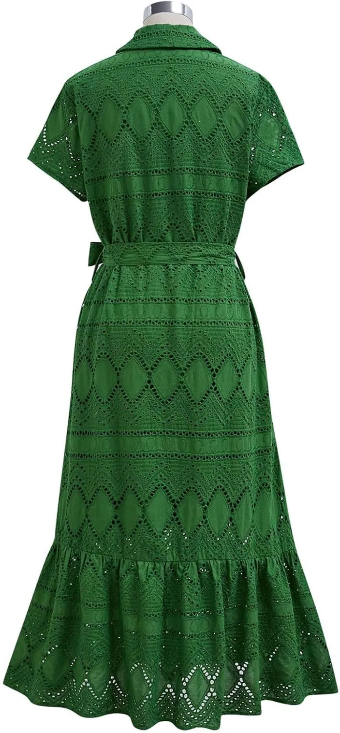 CHICWISH Women Embroidered Eyelet Frilling Midi Dress Cotton V Neck Button Short Sleeve Flowy Summer Green Dress with Belt