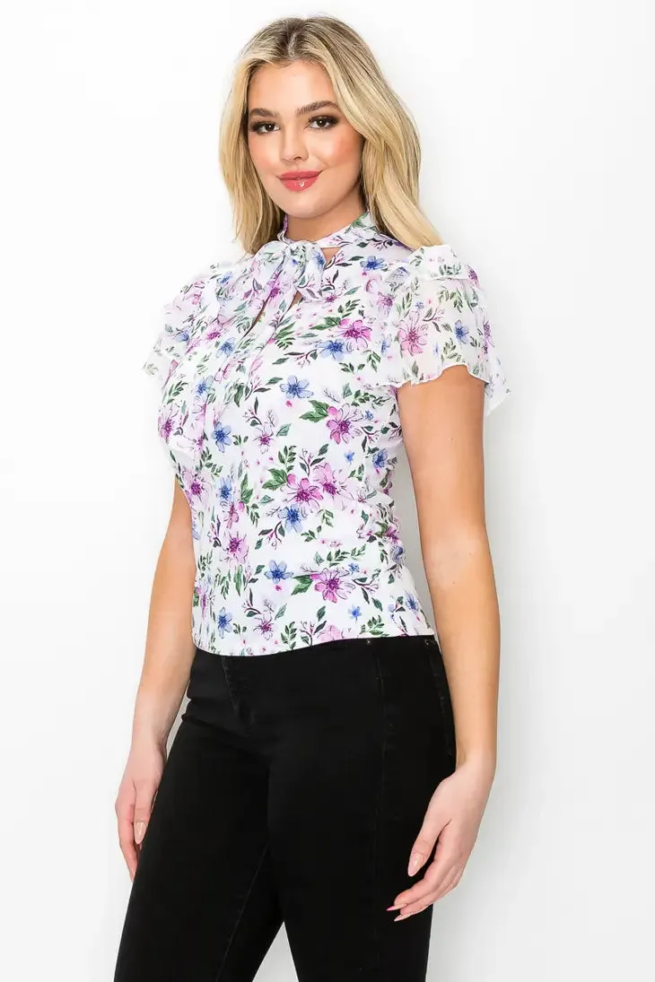 Collar Tie Flutter Short Sleeve Mix Media Blouse