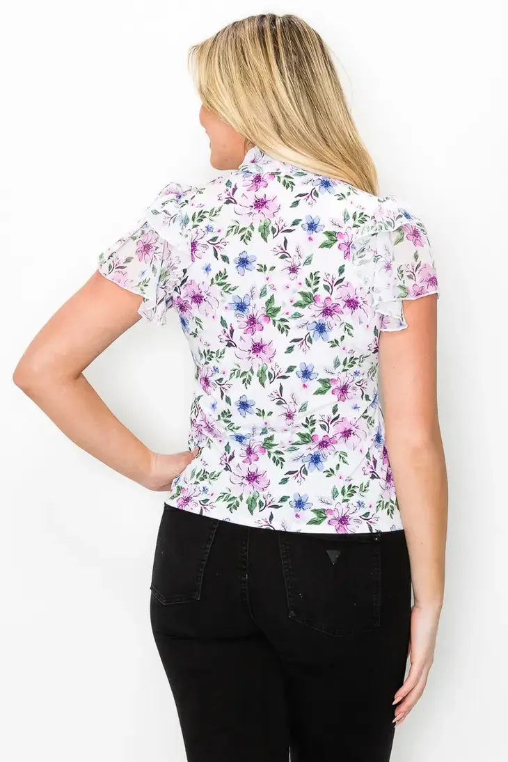 Collar Tie Flutter Short Sleeve Mix Media Blouse