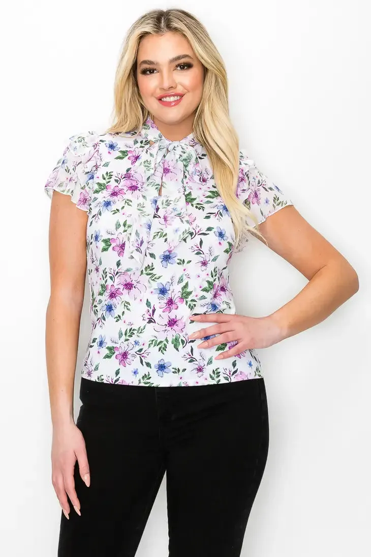 Collar Tie Flutter Short Sleeve Mix Media Blouse