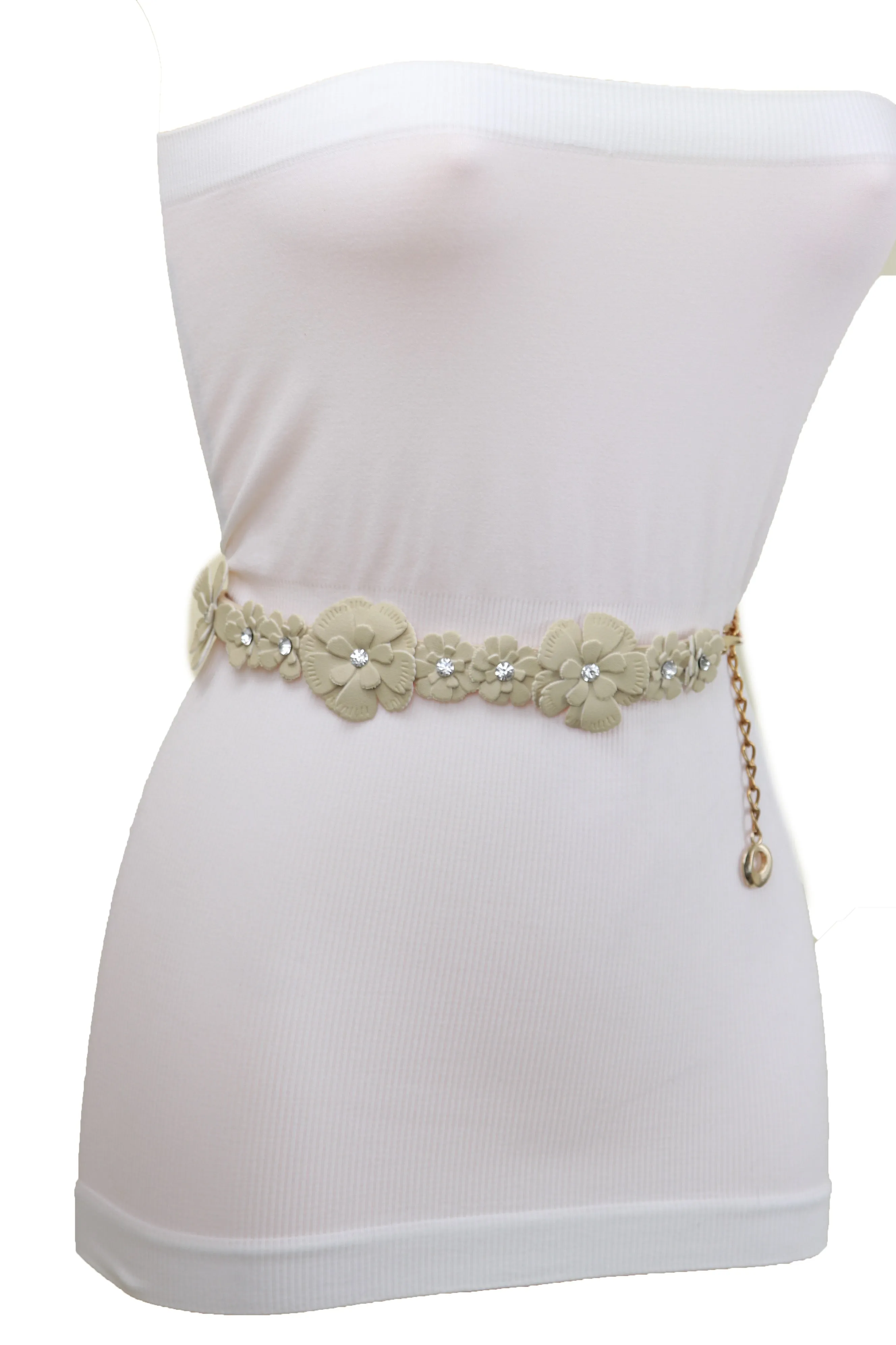 Cream Fabric Flower Charms Belt Wrap Around Fit Size S M L