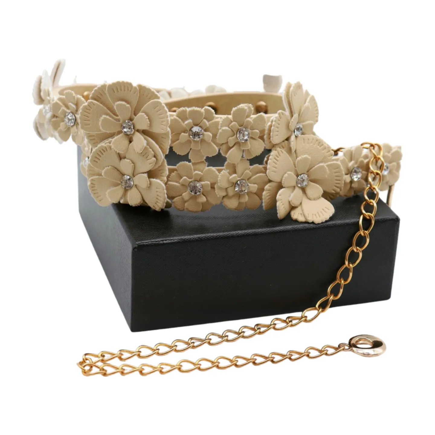 Cream Fabric Flower Charms Belt Wrap Around Fit Size S M L