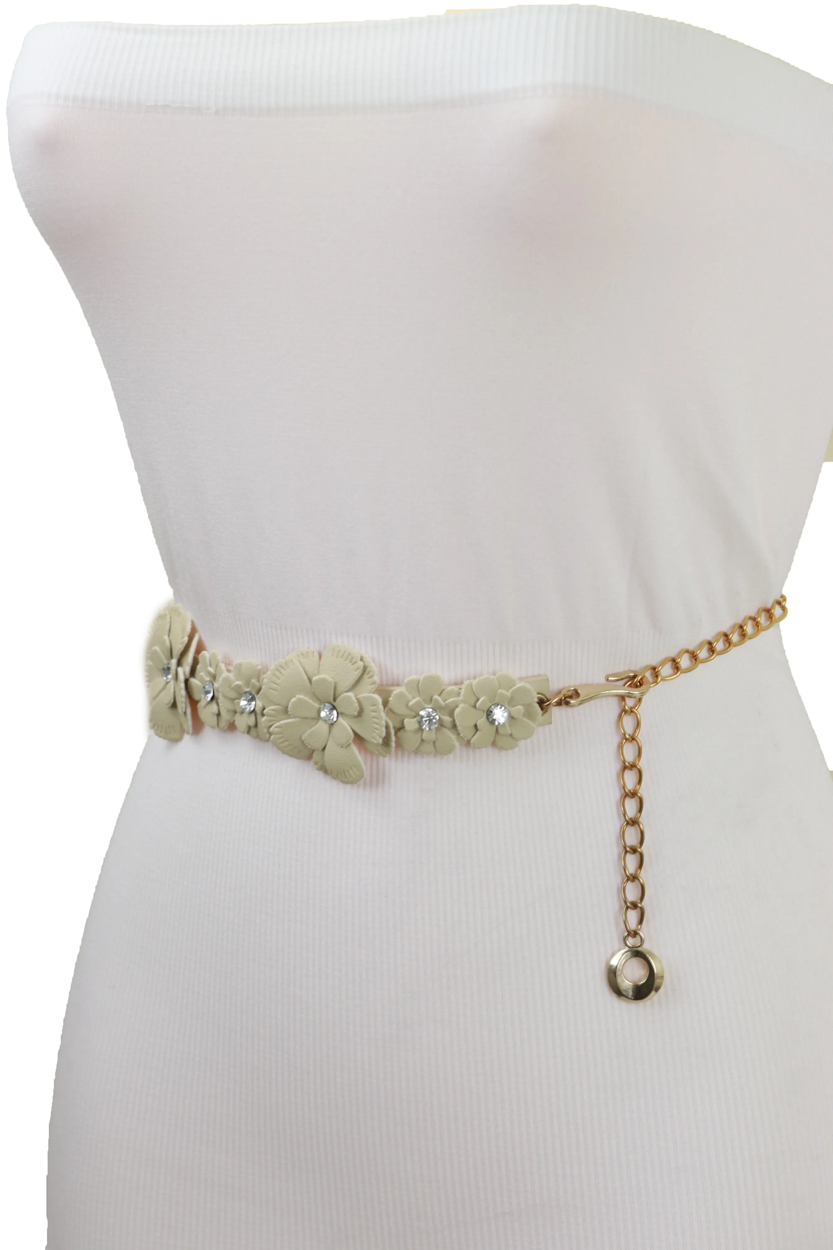 Cream Fabric Flower Charms Belt Wrap Around Fit Size S M L
