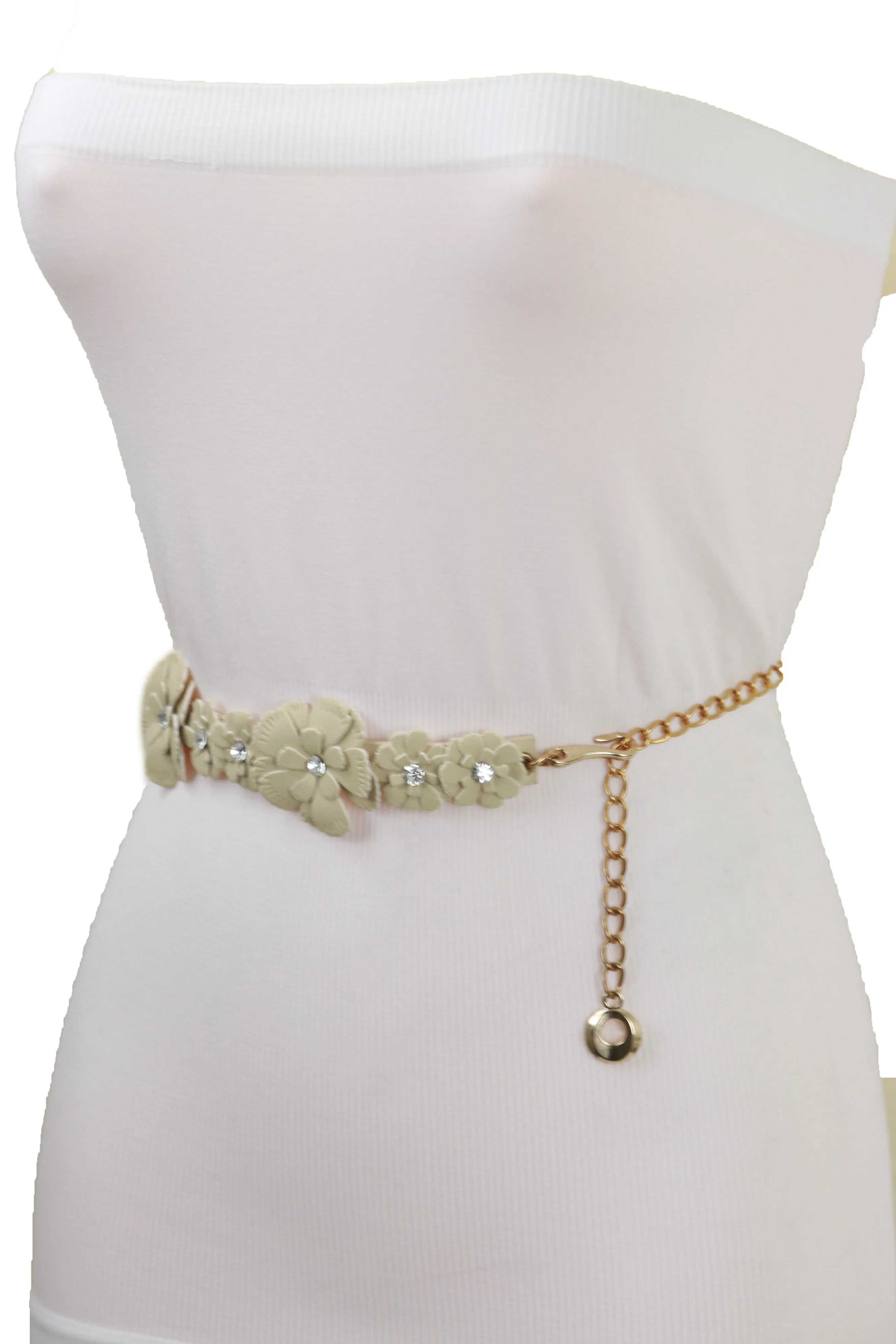 Cream Fabric Flower Charms Belt Wrap Around Fit Size S M L