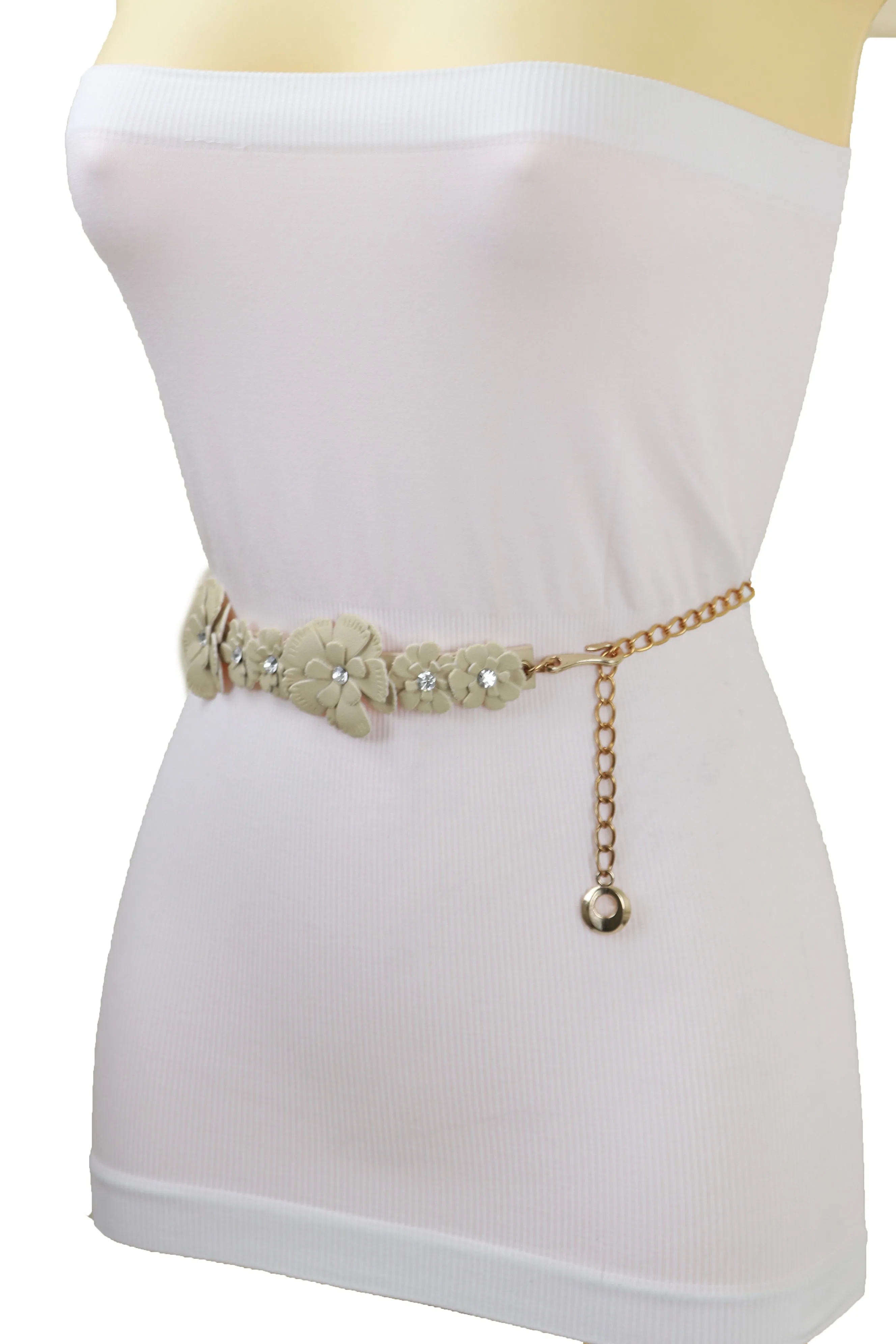 Cream Fabric Flower Charms Belt Wrap Around Fit Size S M L