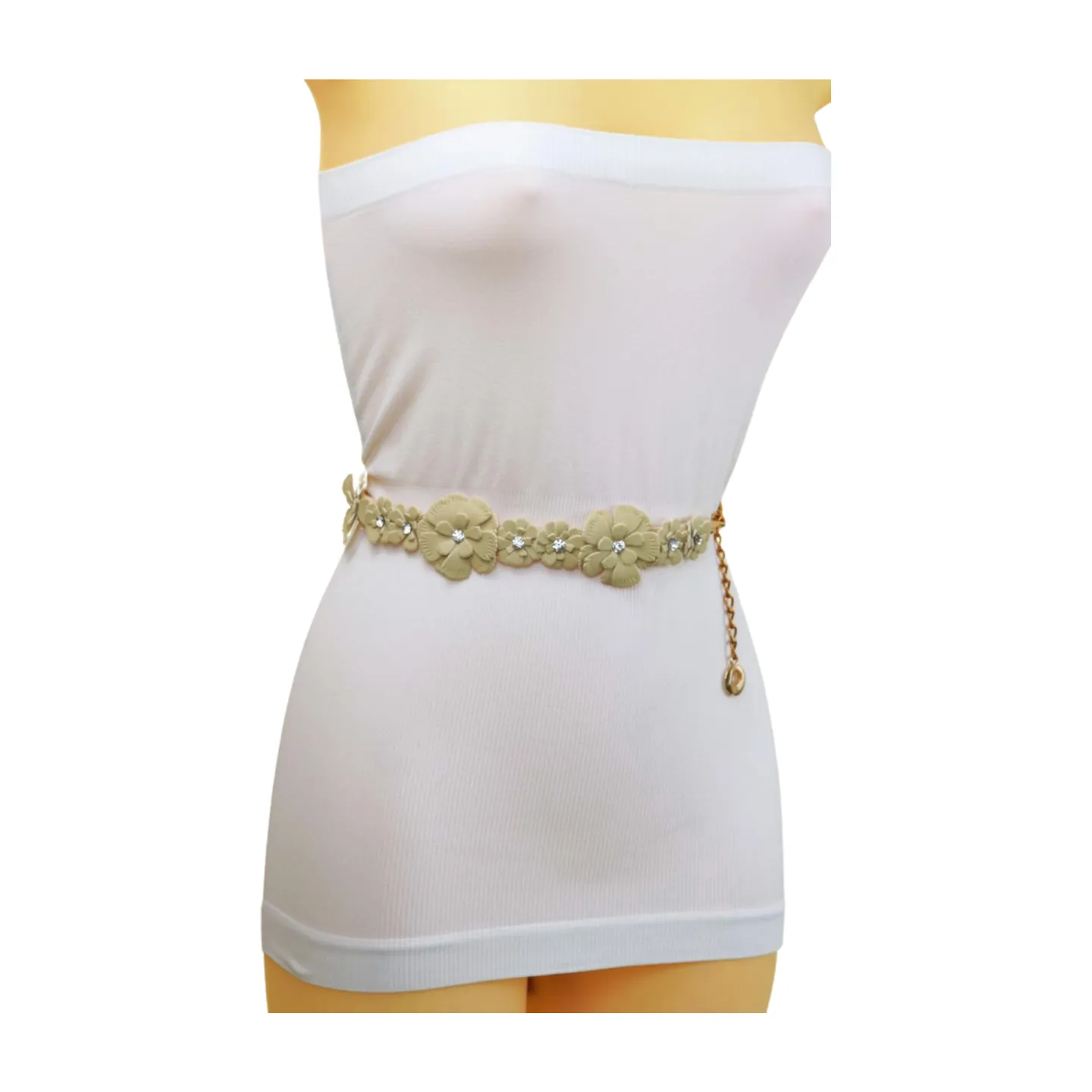 Cream Fabric Flower Charms Belt Wrap Around Fit Size S M L